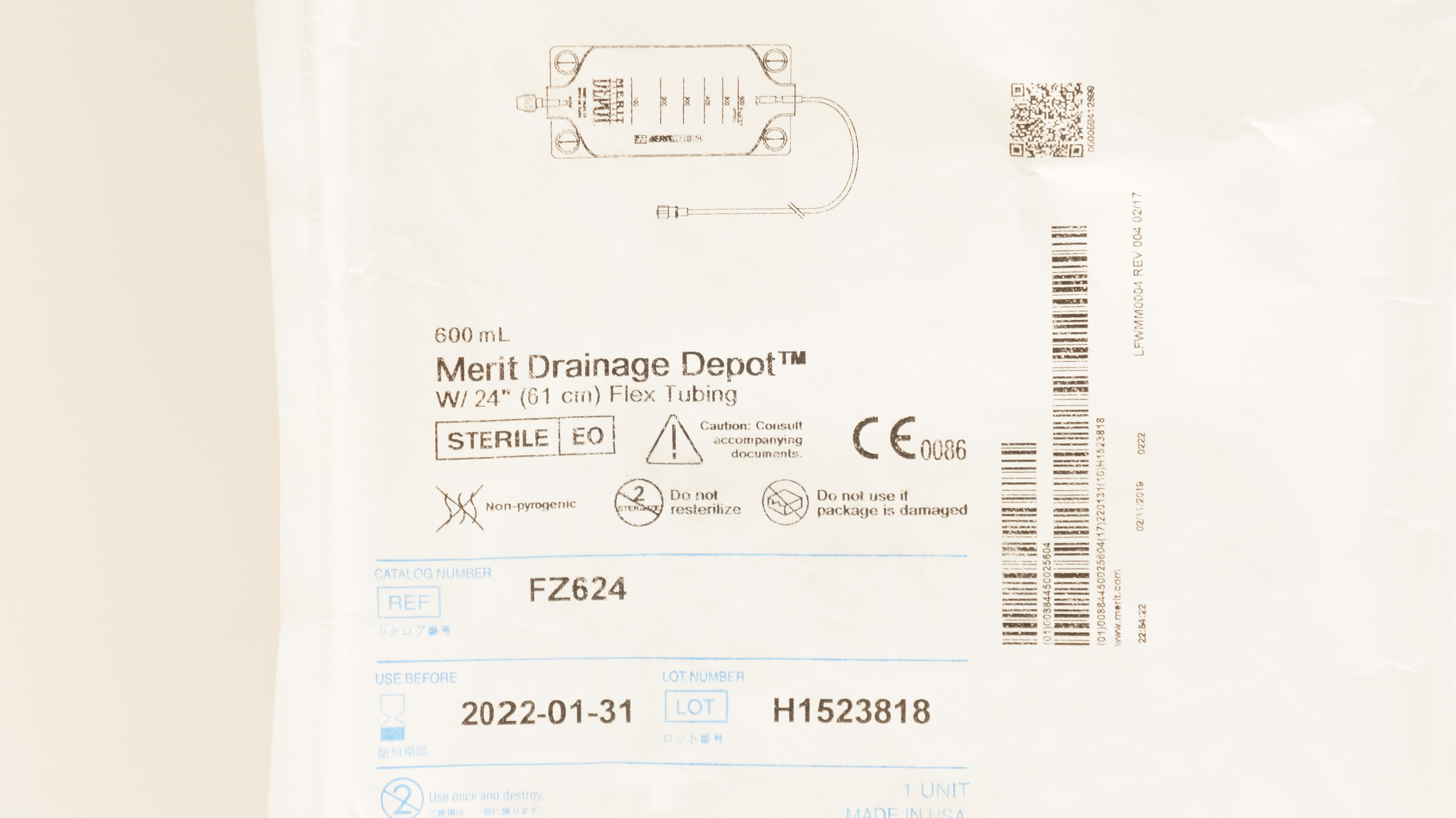 Merit Medical FZ624 Drainage Depot 600ml with 24 inch Flex Tubing