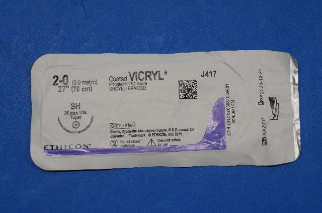 Ethicon J417 2-0 VICRYL, SH 26mm 1/2c Taper, Undyed Braided, 27