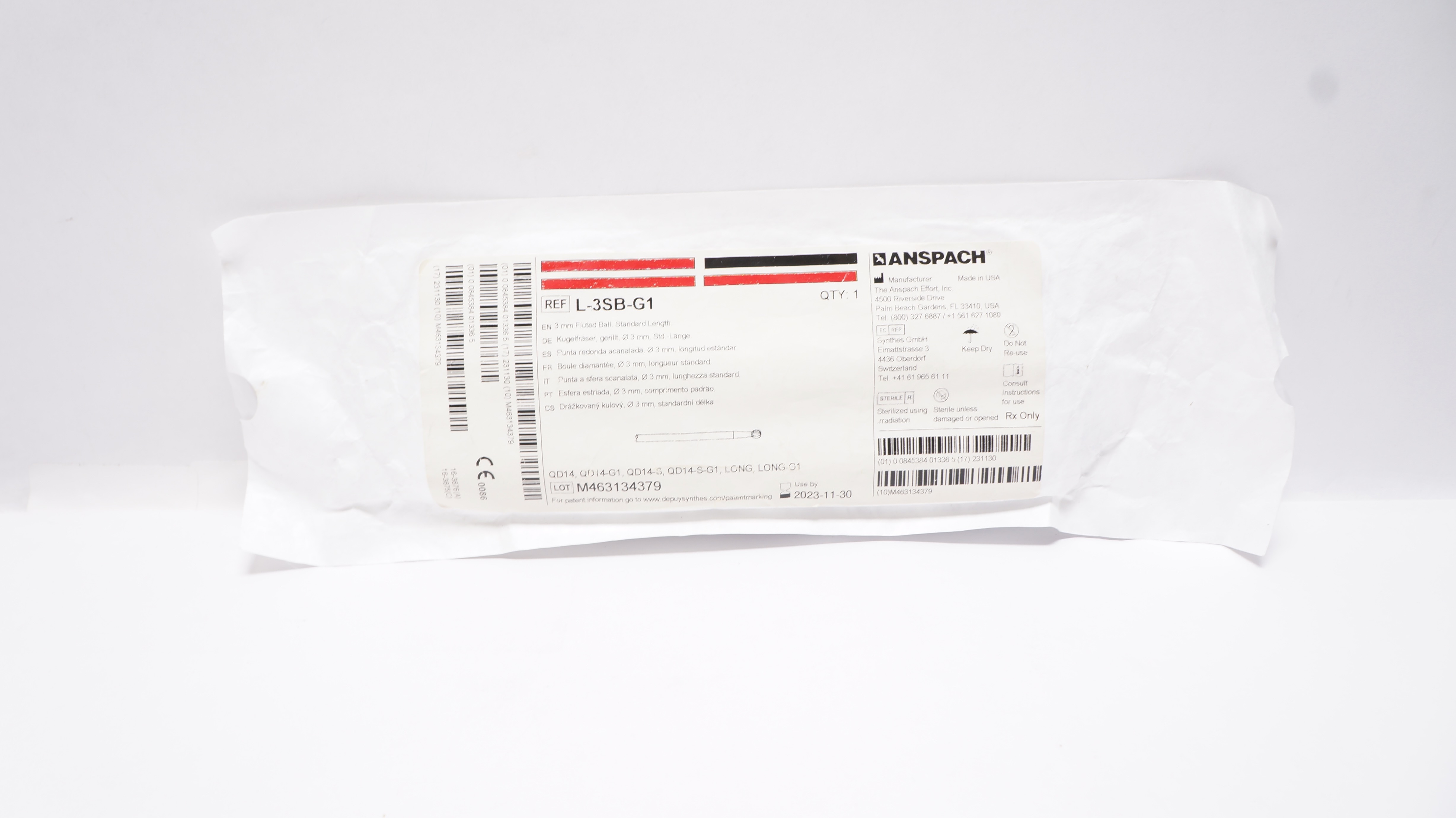 Anspach L-3SB-G1 Fluted Ball, Standard Length 3mm