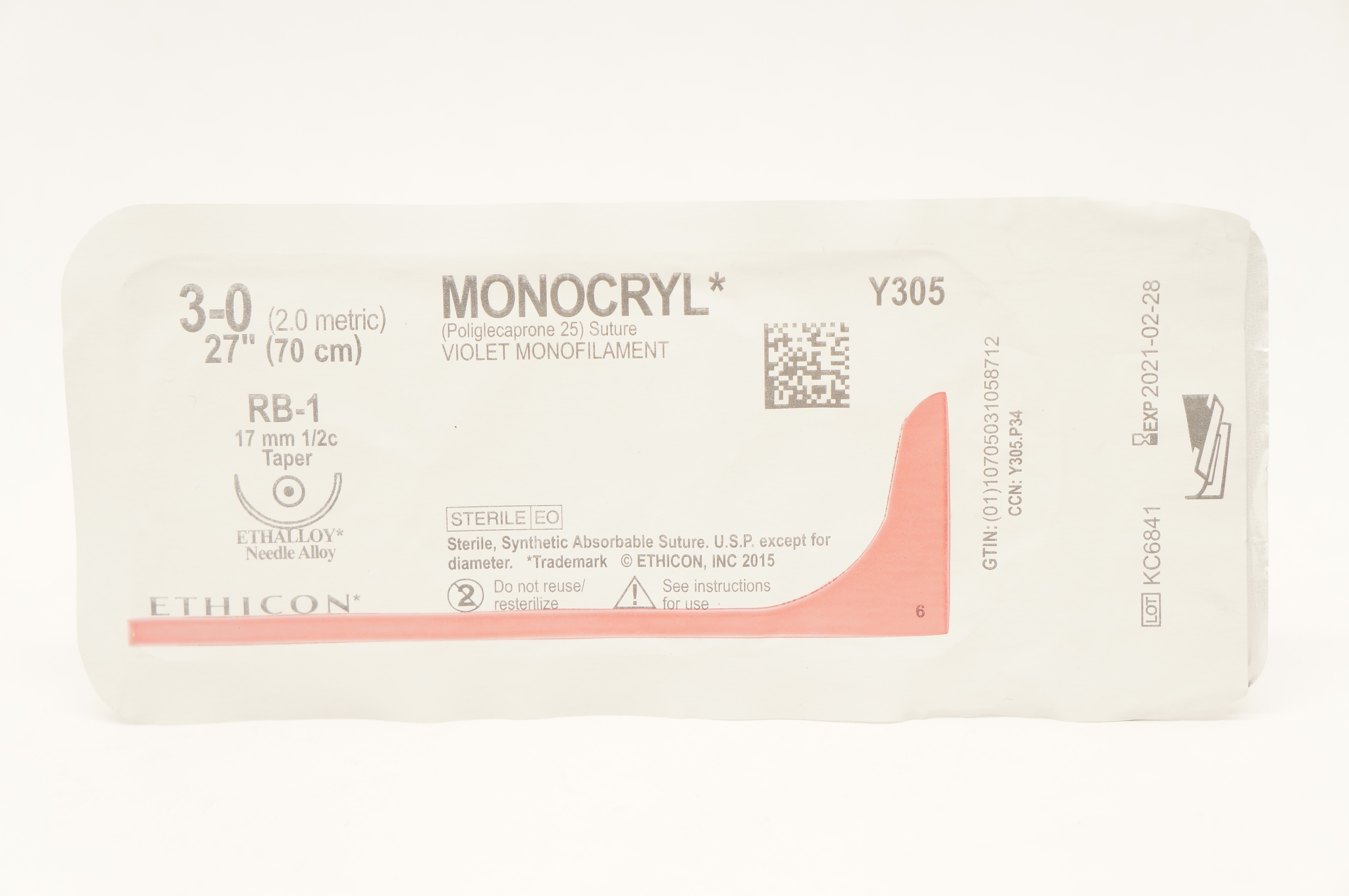 Ethicon Y305 3-0 MONOCRYL Poliglecaprone 25 Stre RB-1 17mm 1/2c Taper 27inch (x)