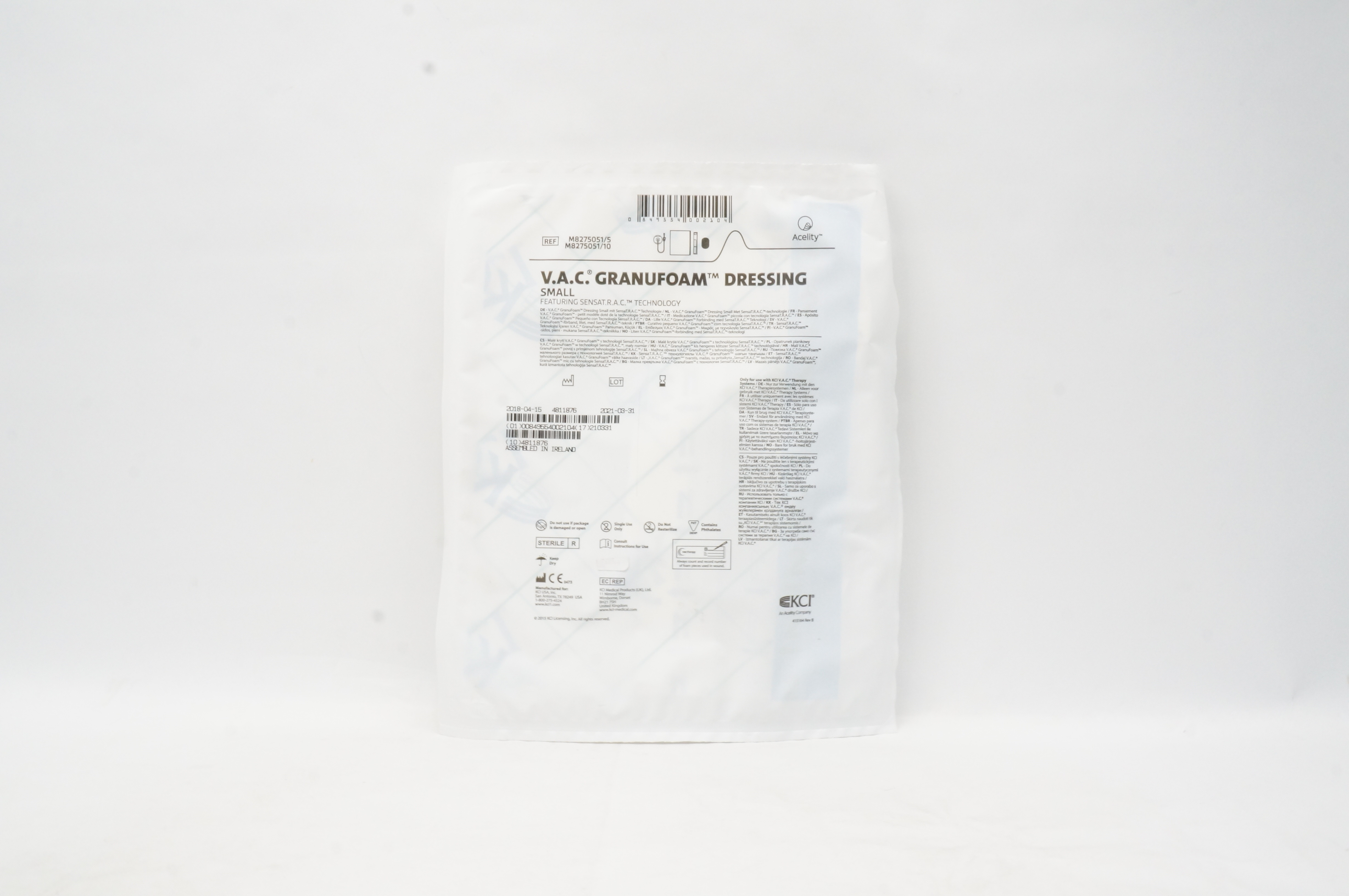KCI M8275051/5 V.A.C. Granufoam Dressing Featuring SENSAT.R.A.C. Technology S