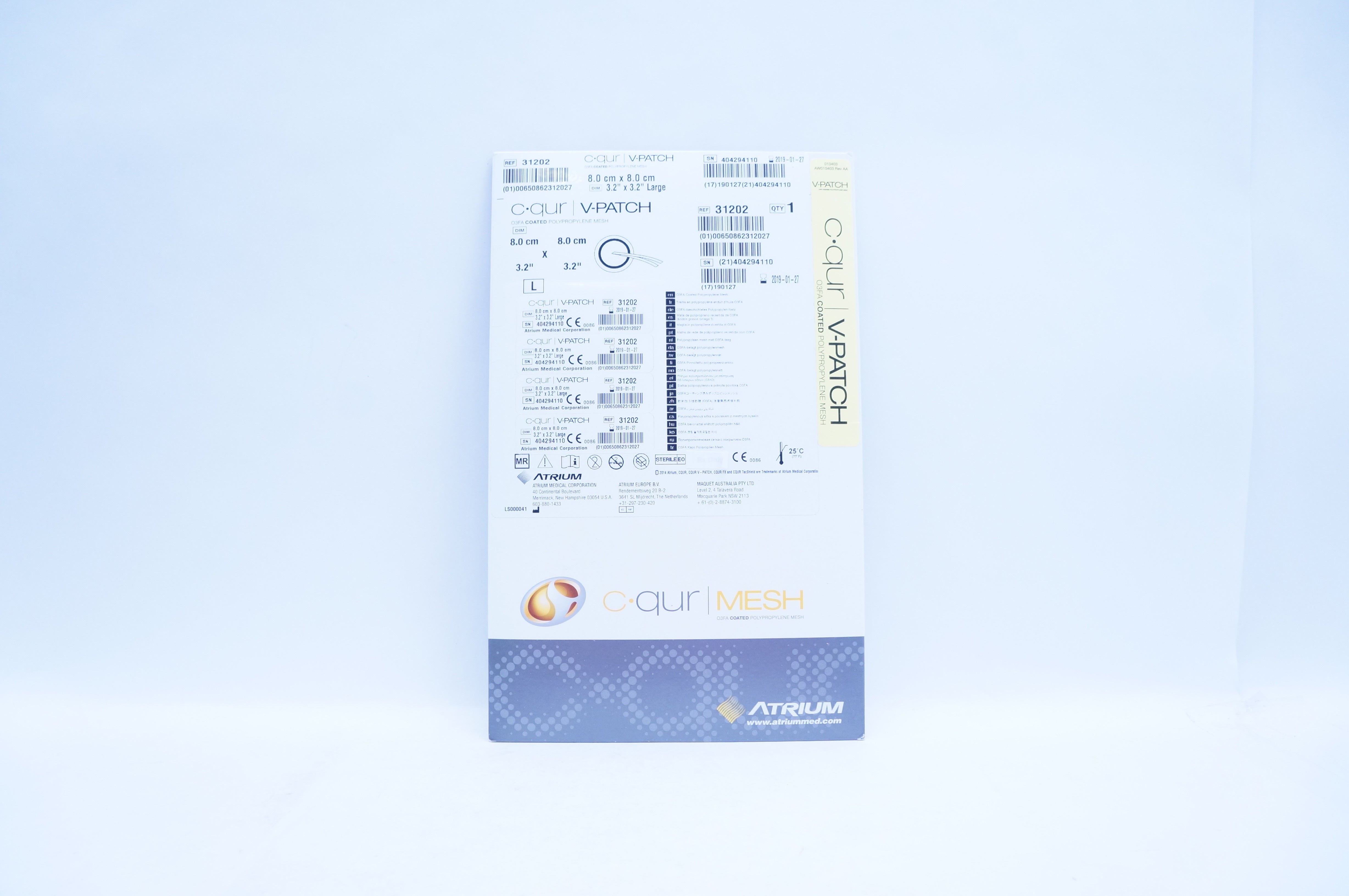 Atrium 31202 C Qur V Patch Coated Polypropylene Mesh 8.0x8.0 cm, 3.2x 3.2in. (x)