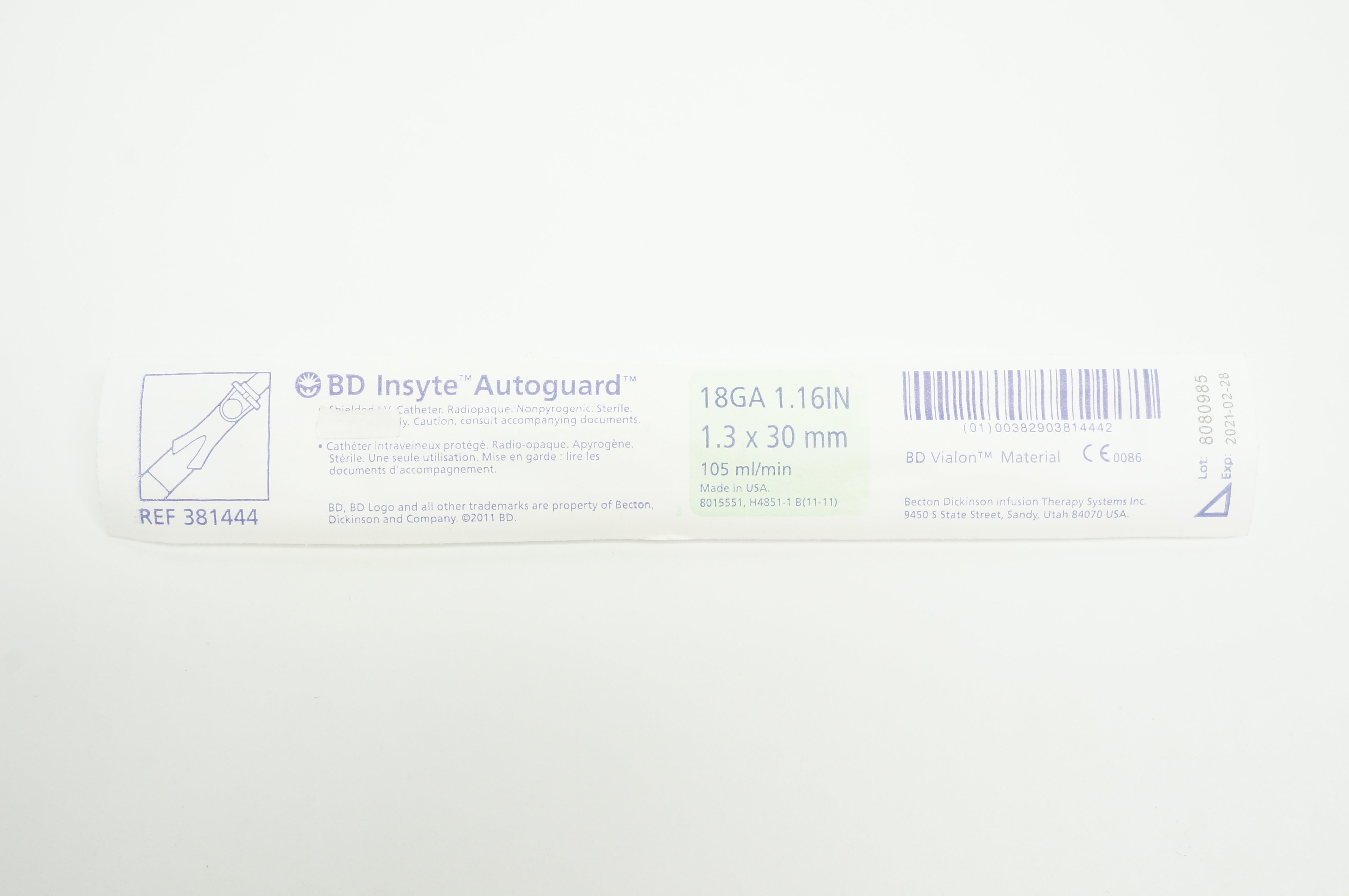 BD 381444 Insyte Autoguard Shielded I.V. Cath. 18Ga x 1.16 inch x 105 ml (x)