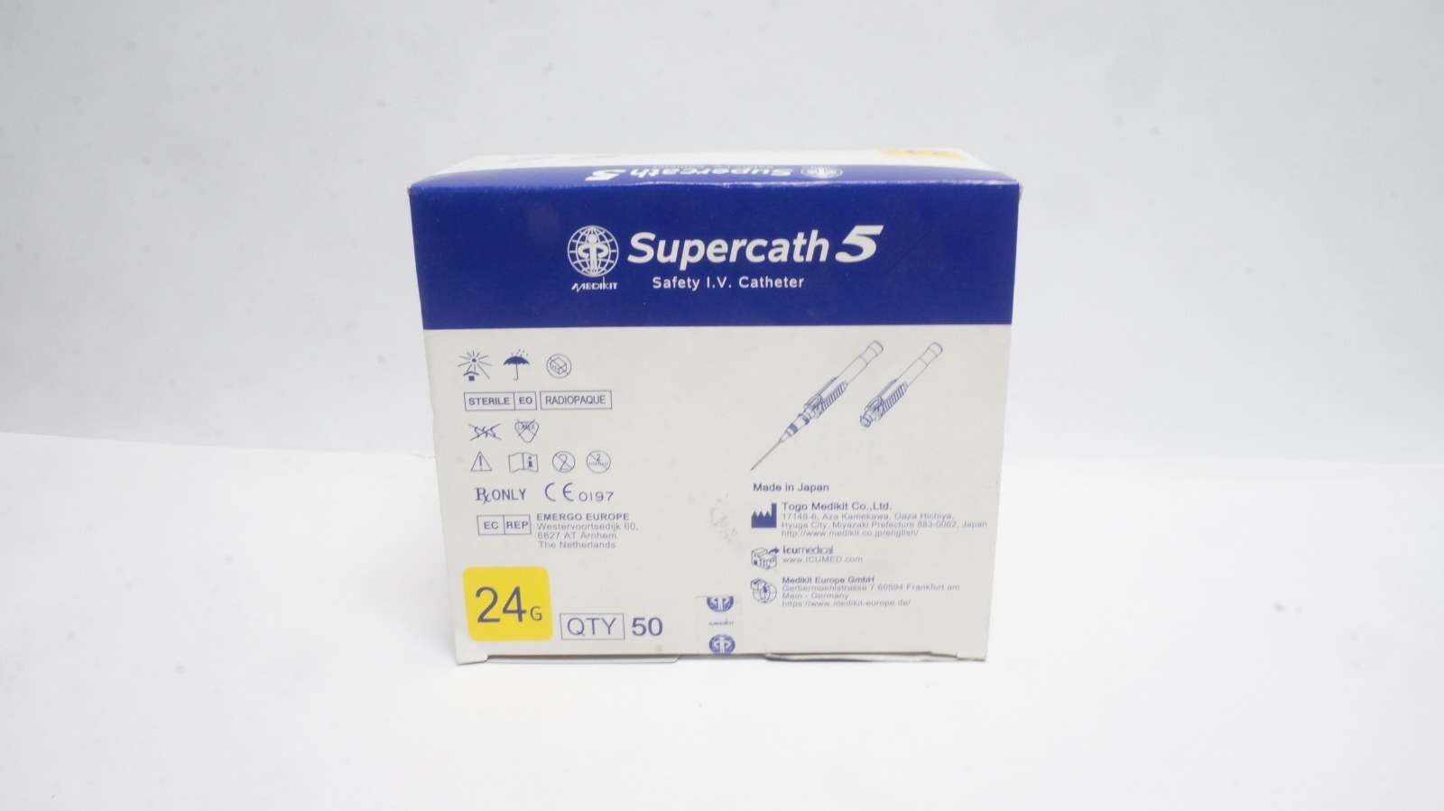 Medikit SP120-24-19T Supercath 5 Safety I.V. Catheter 24G - box of 50