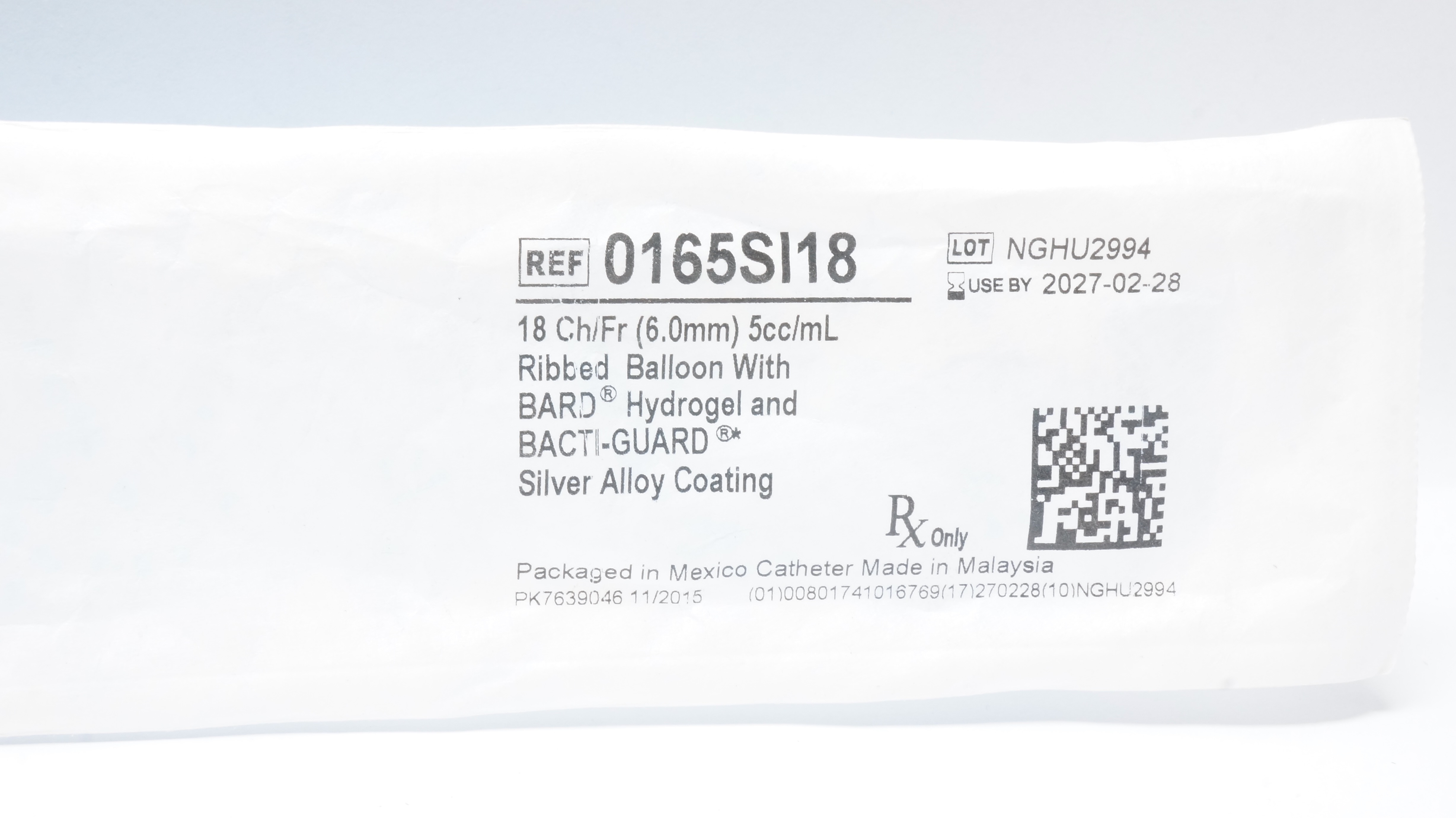 Bard 0165SI18 Bardex I.C. Anti-Infective Foley Cath. 18Ch/Fr 5cc/mLRibbed Ballon