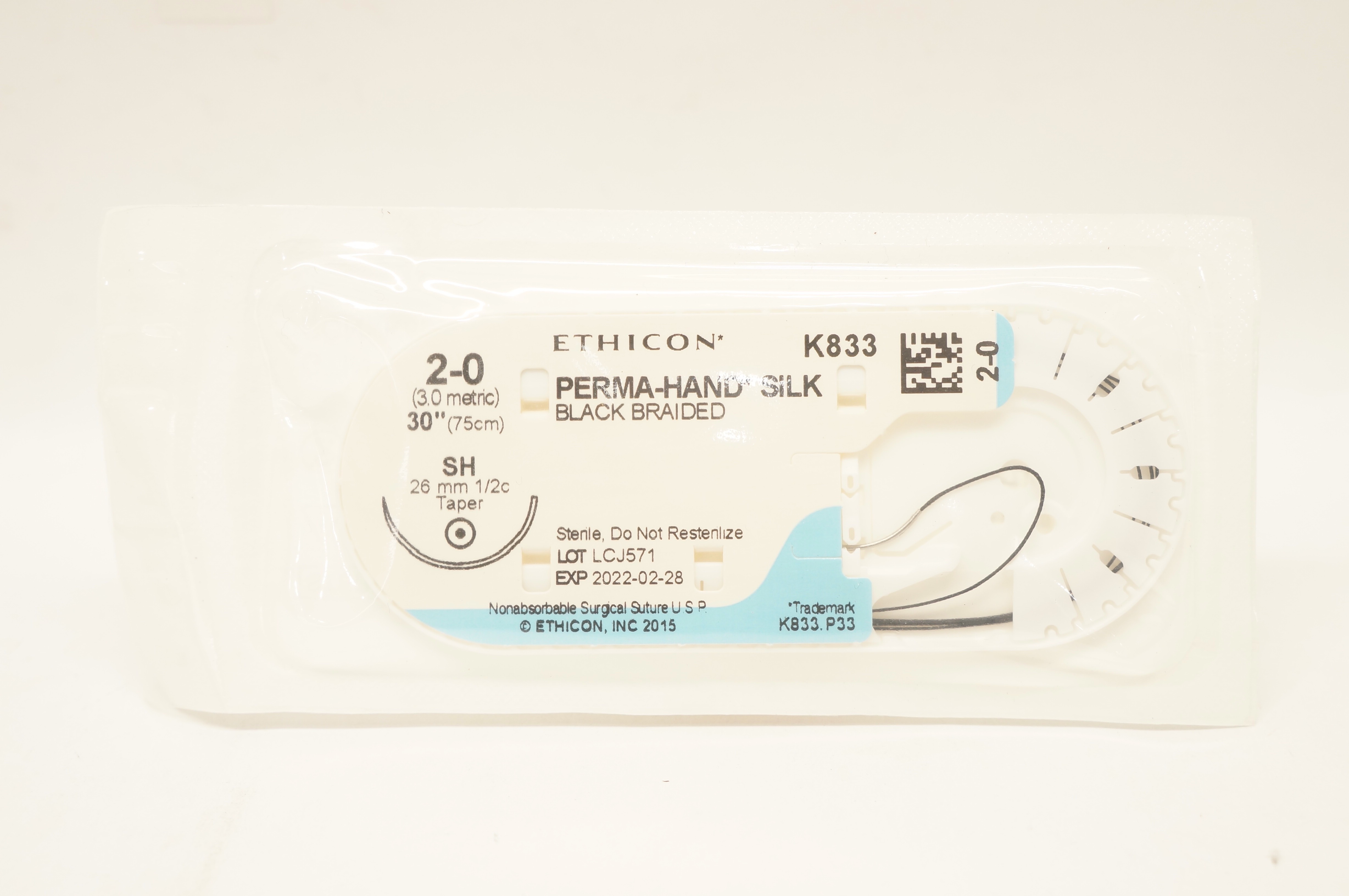 Ethicon K833 2-0 PERMA-HAND SILK Stre, SH 26mm 1/2c Taper, 30inch (x)