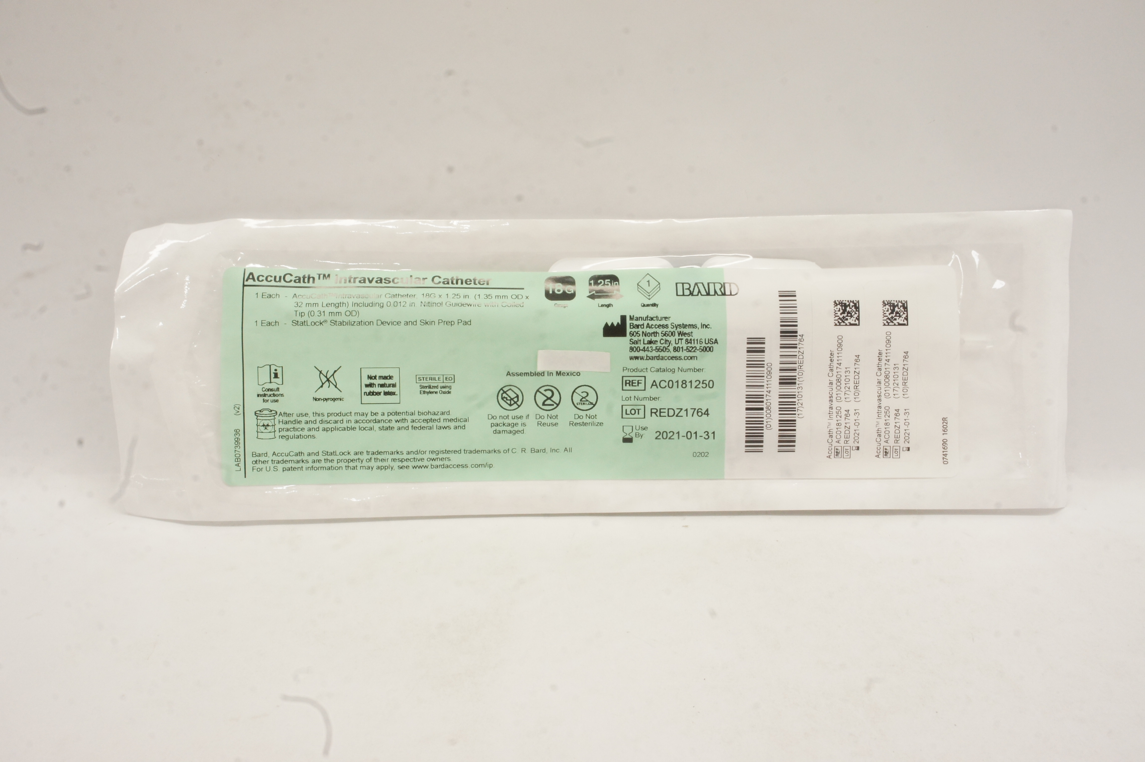 Bard AC0181250 AccuCath Intravascular Cath. 18G x 1.25 inch (x)