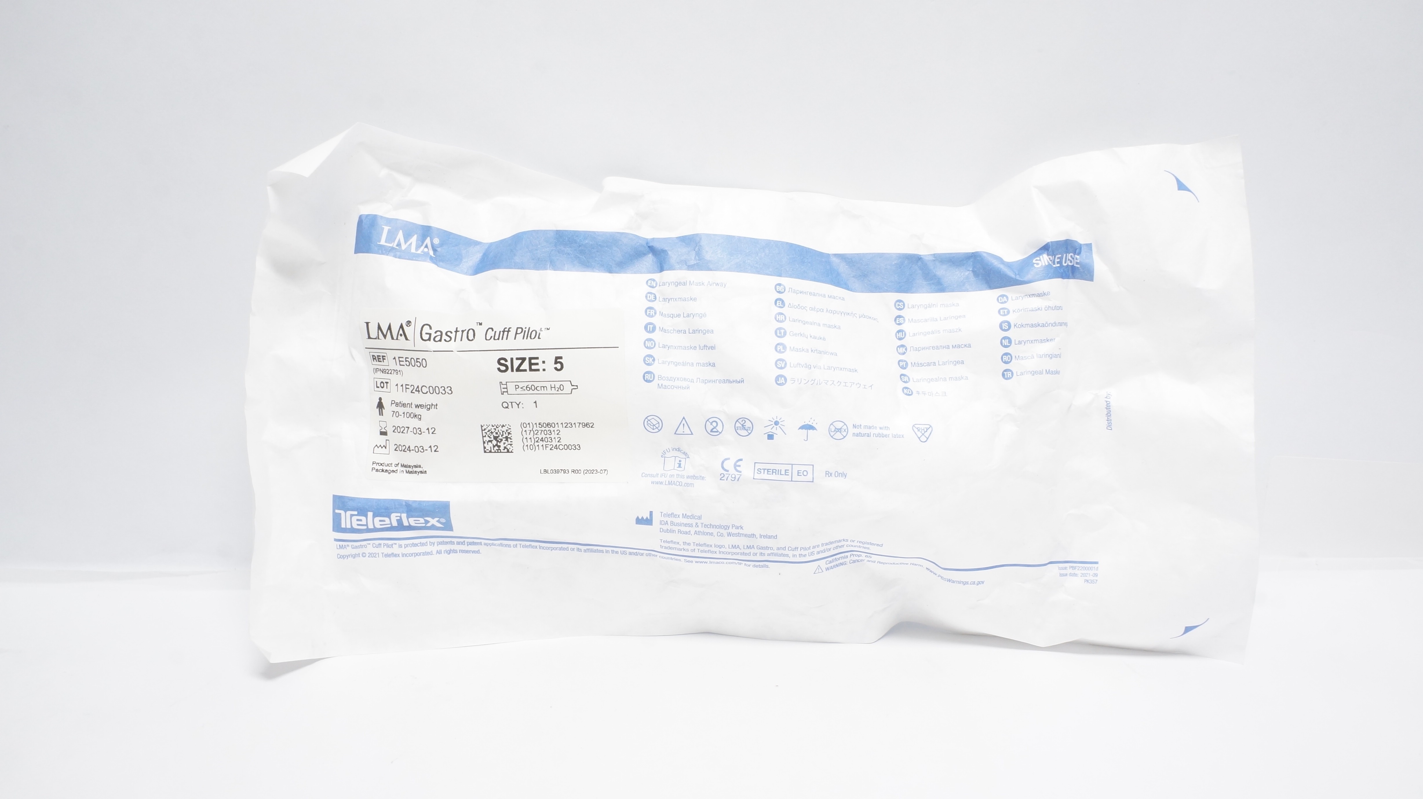 Teleflex 1E5050 LMA Gastro Cuff Pilot, Laryngeal Mask Airway Size 5, 70-100kg