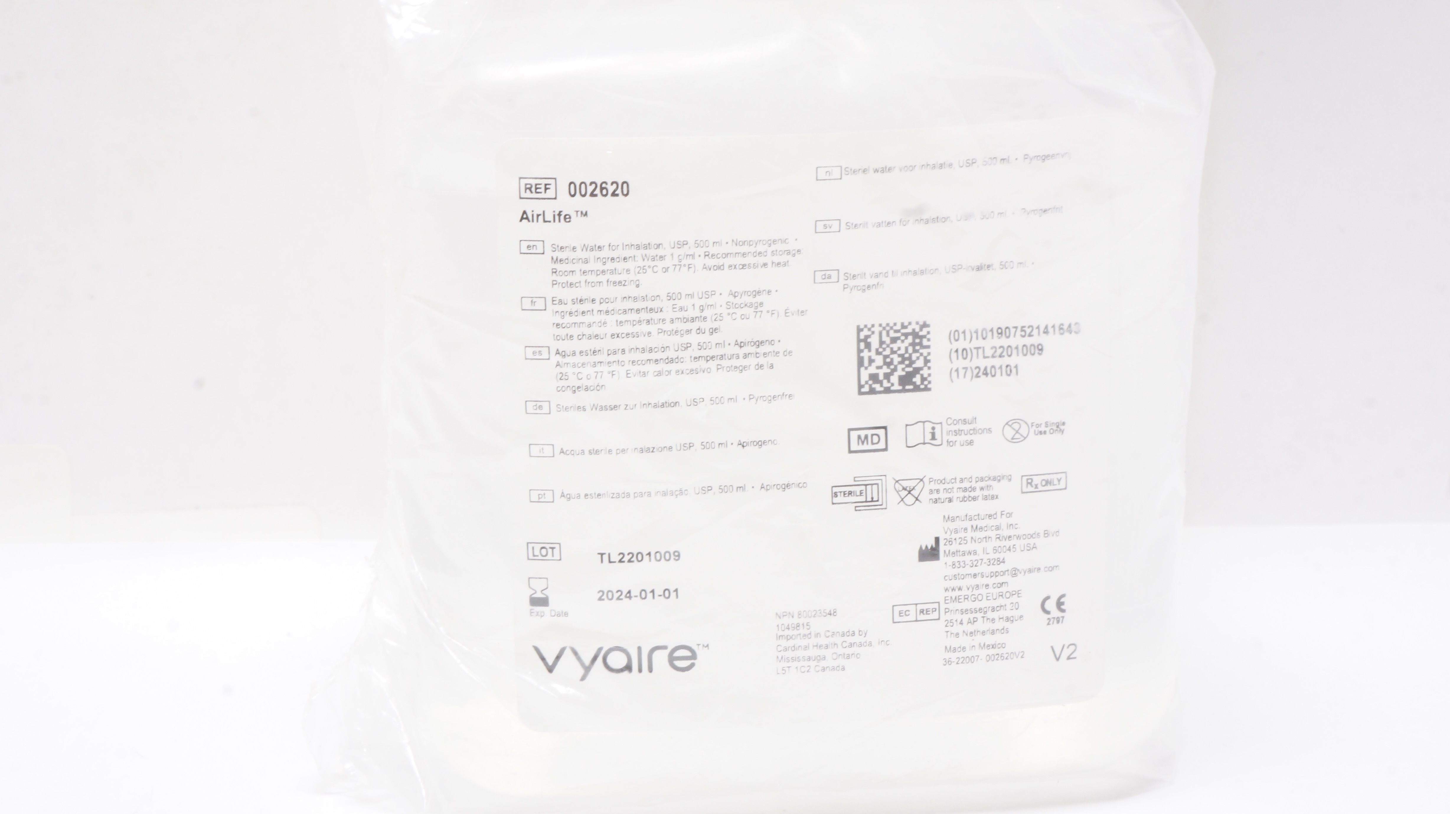 Vyaire 002620 AirLife Sterile Water 500 ml for Inhalation