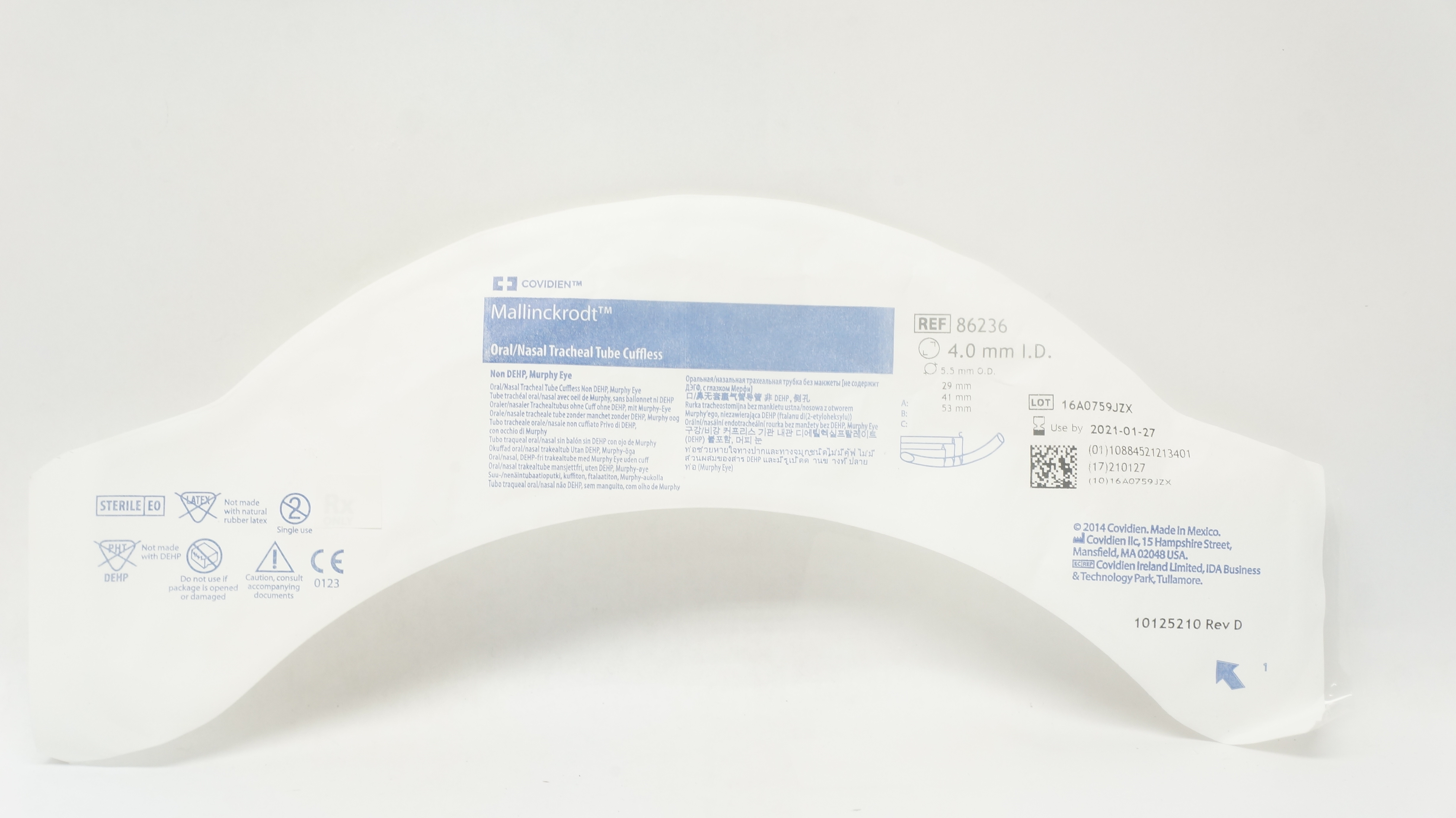 Covidien 86236 Shiley Oral/Nasal Tracheal Tube Cuffless 4.0m ID x 5.5mm OD (x)