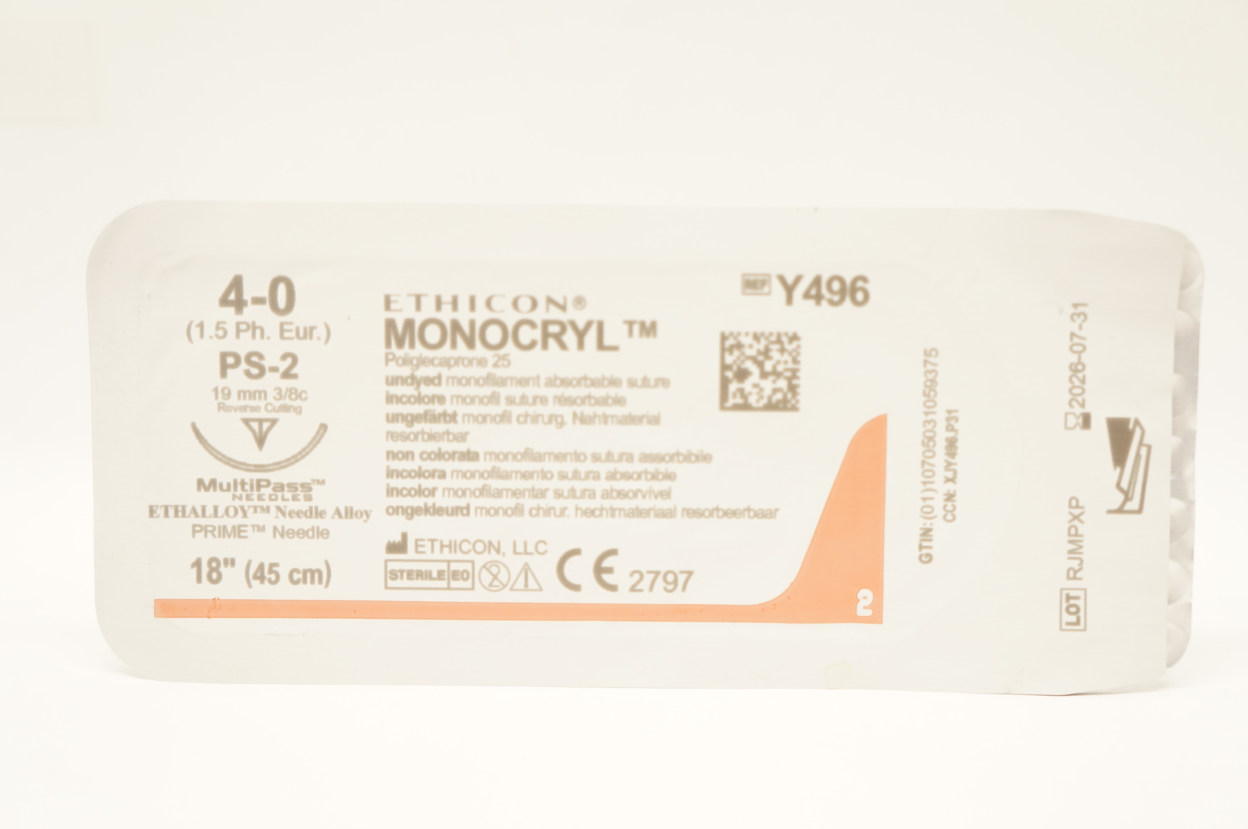 Ethicon Y496 4-0 Monocryl Undyed Stre PS-2 19mm 3/8c Reverse Cutting, 18 inch