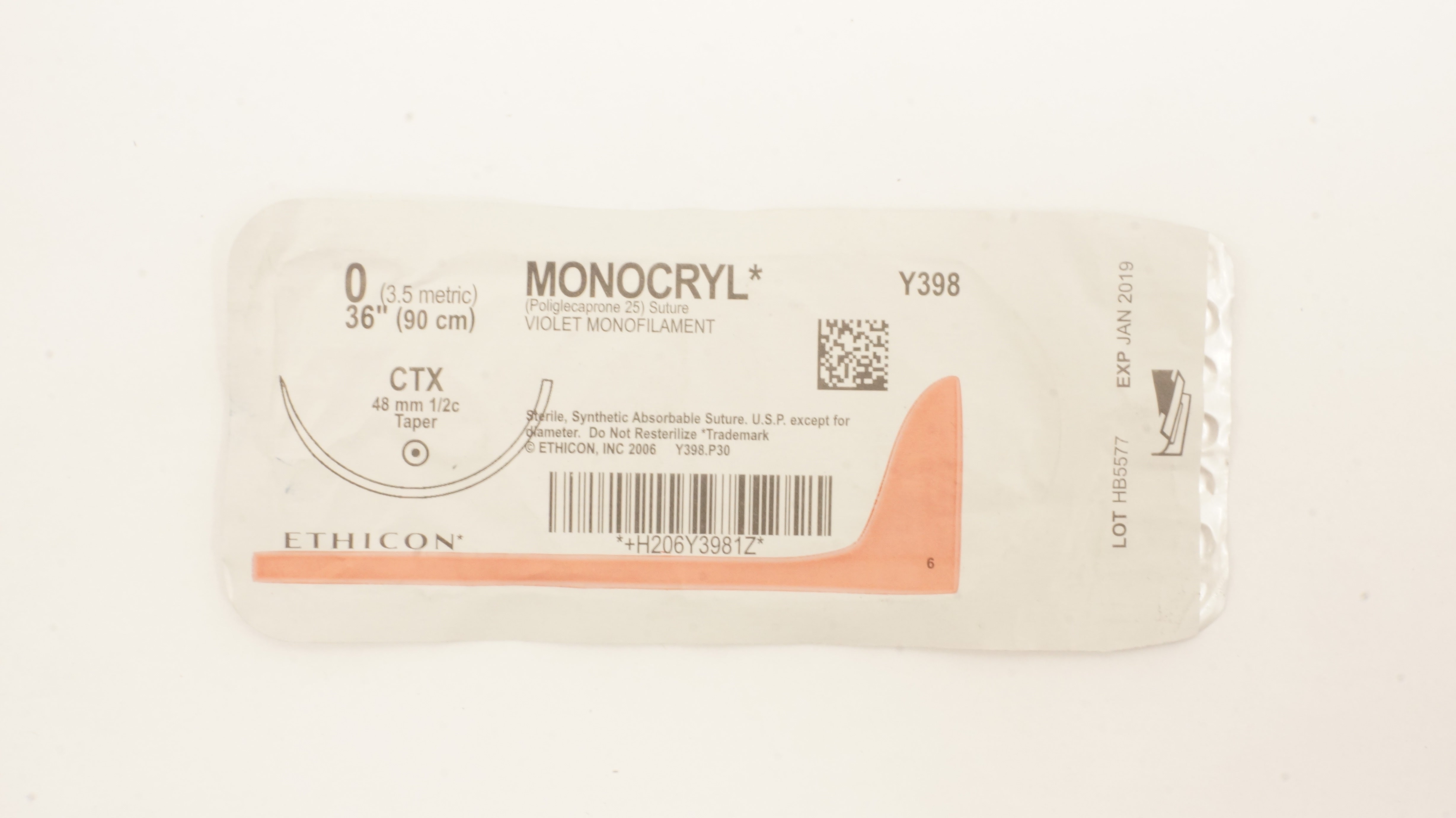 Ethicon Y398 0 Monocryl Stre Violet Monofilament, CTX 48mm 1/2c Taper 36inch (x)