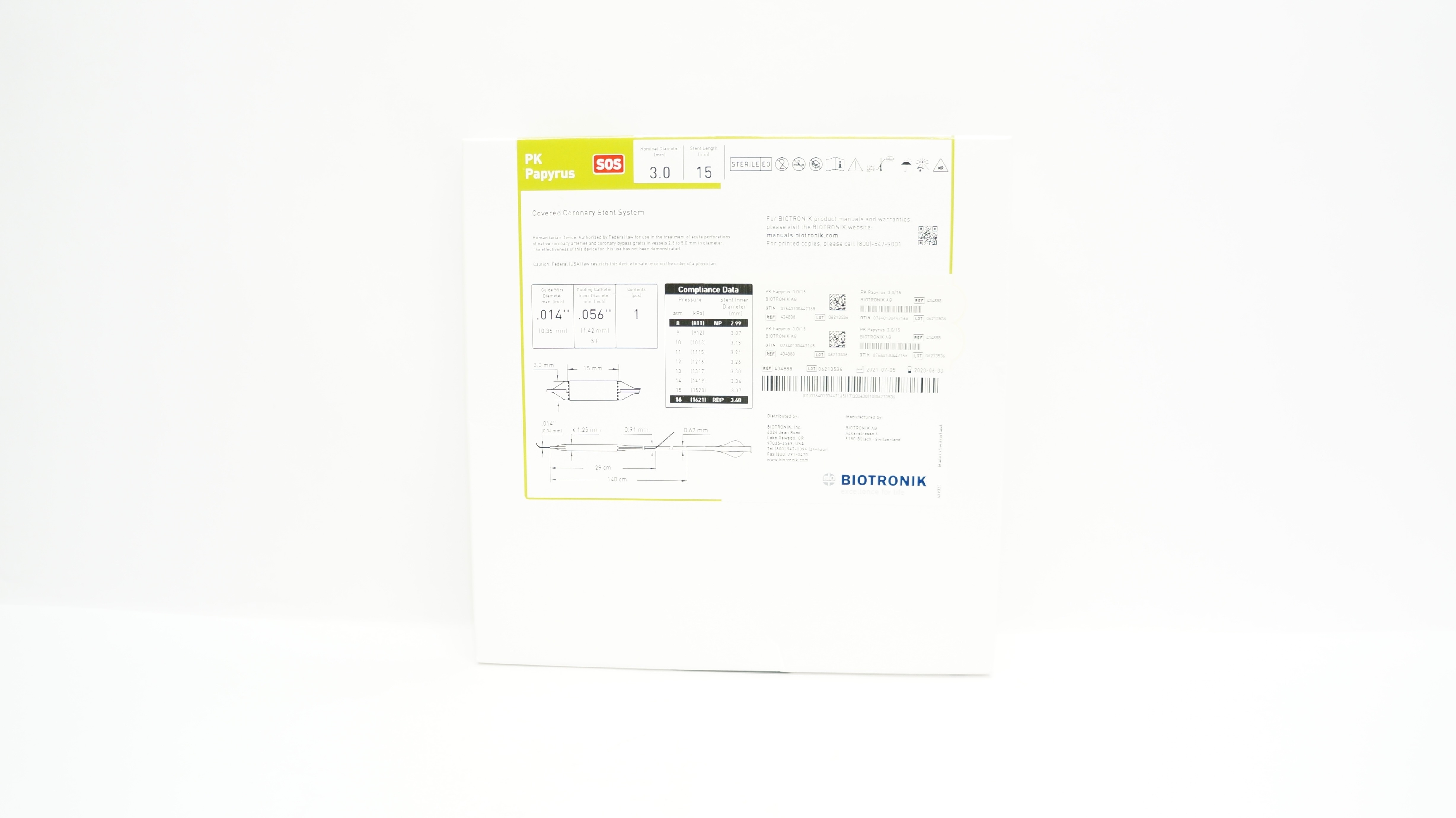 Biotronik 434888 PK Papyrus Covered Coronary Stent 3.0mm x 15mm (x)