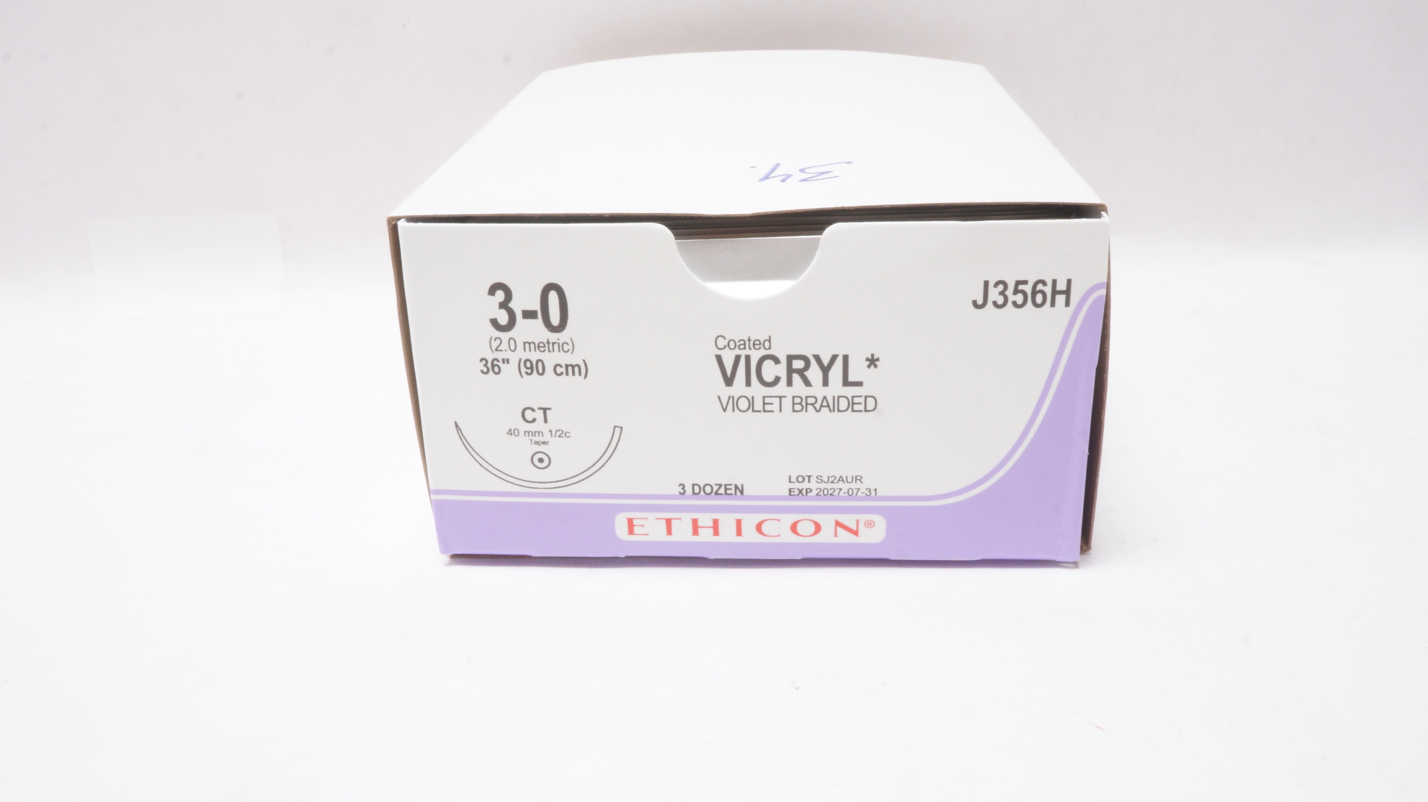 Ethicon J356 3-0 Coated VICRYL Stre, CT 40mm 1/2c Taper, 36In - Box of 34