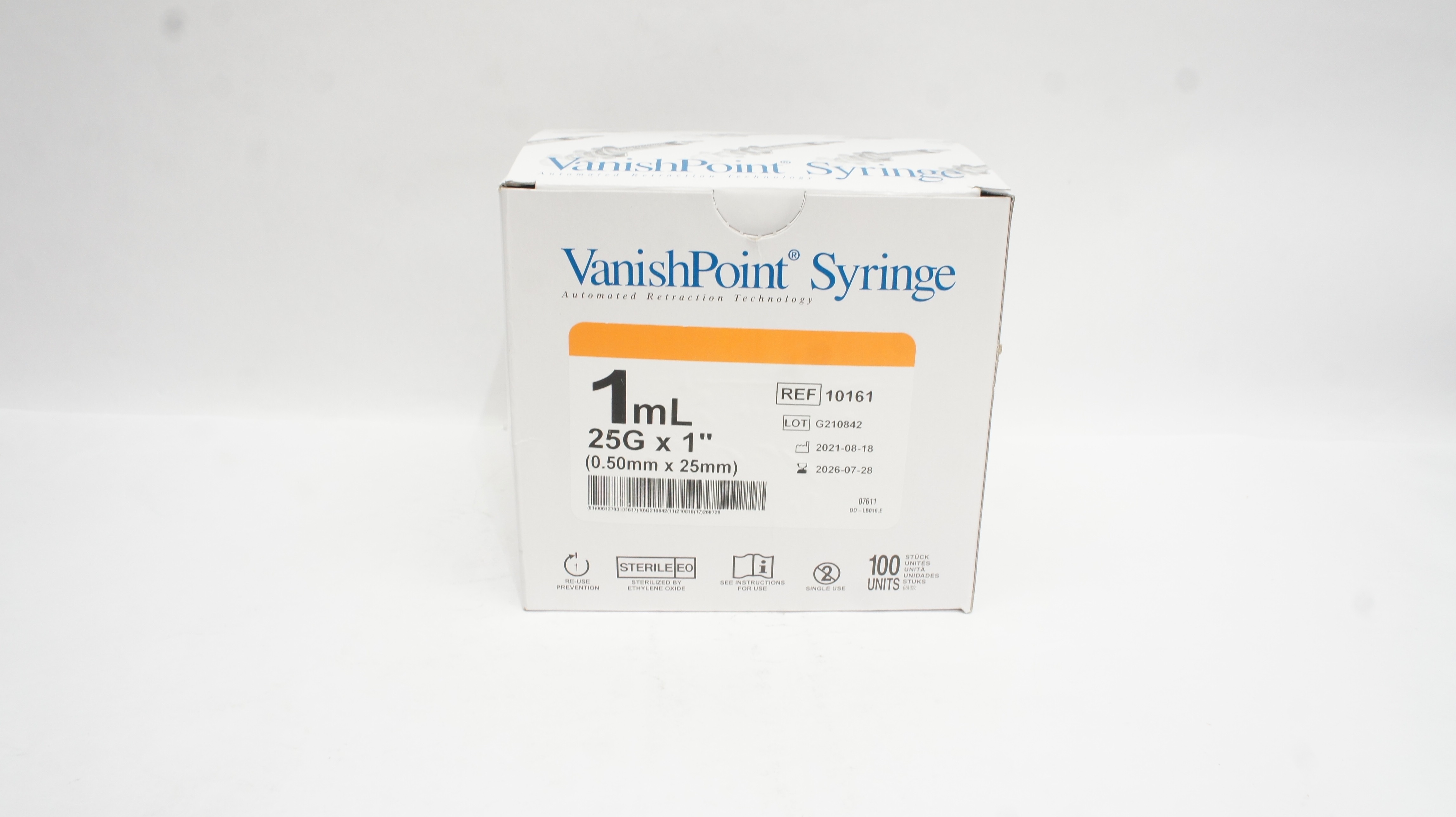 Retractable Technologies 10161 VanishPoint Syringe 1mL, 25G x 1inch - Box of 100