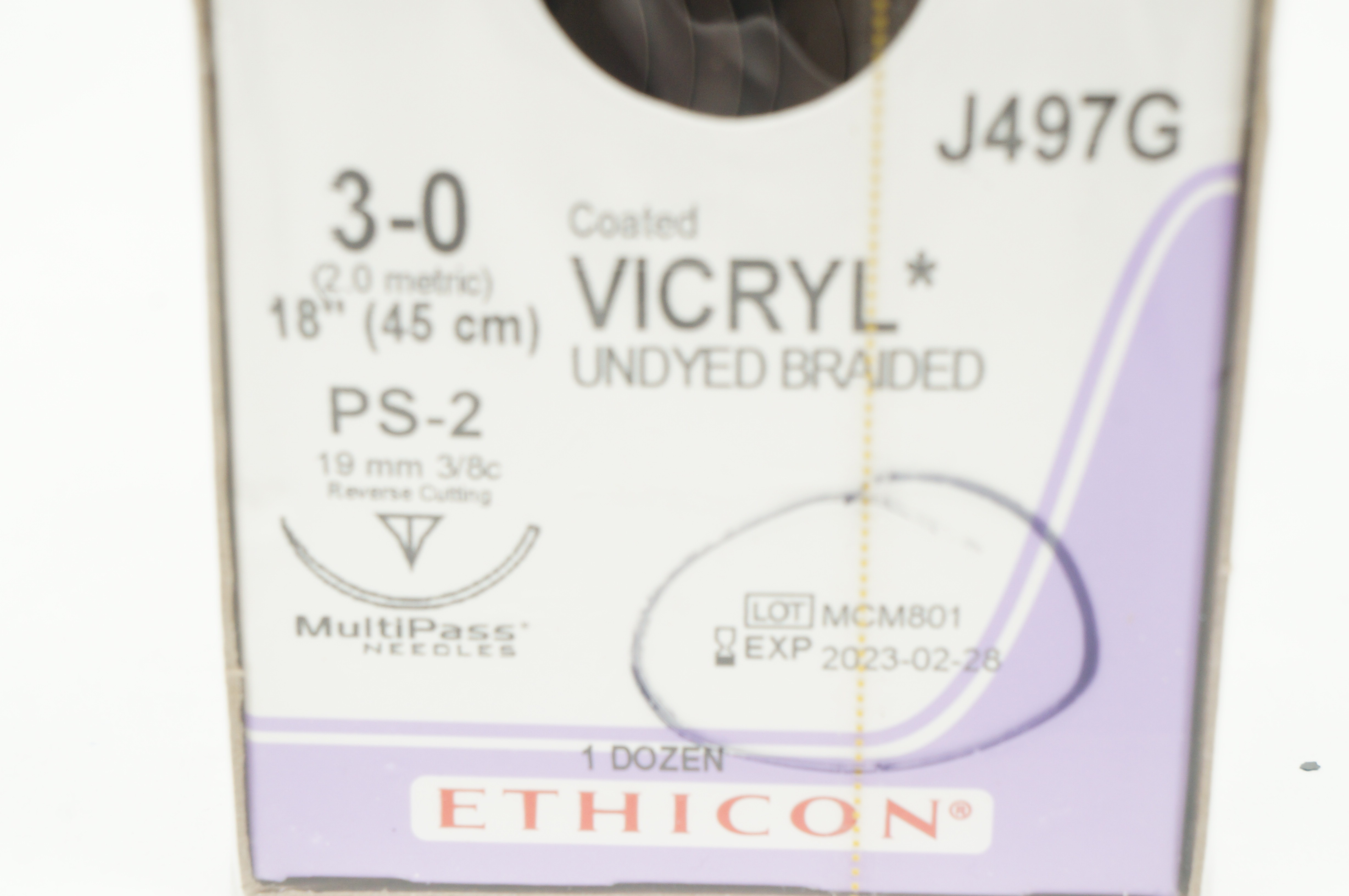 Ethicon J497G 3-0 Vicryl Stre PS-2 19mm 3/8c Reverse Cutting 18inch - Box of 12