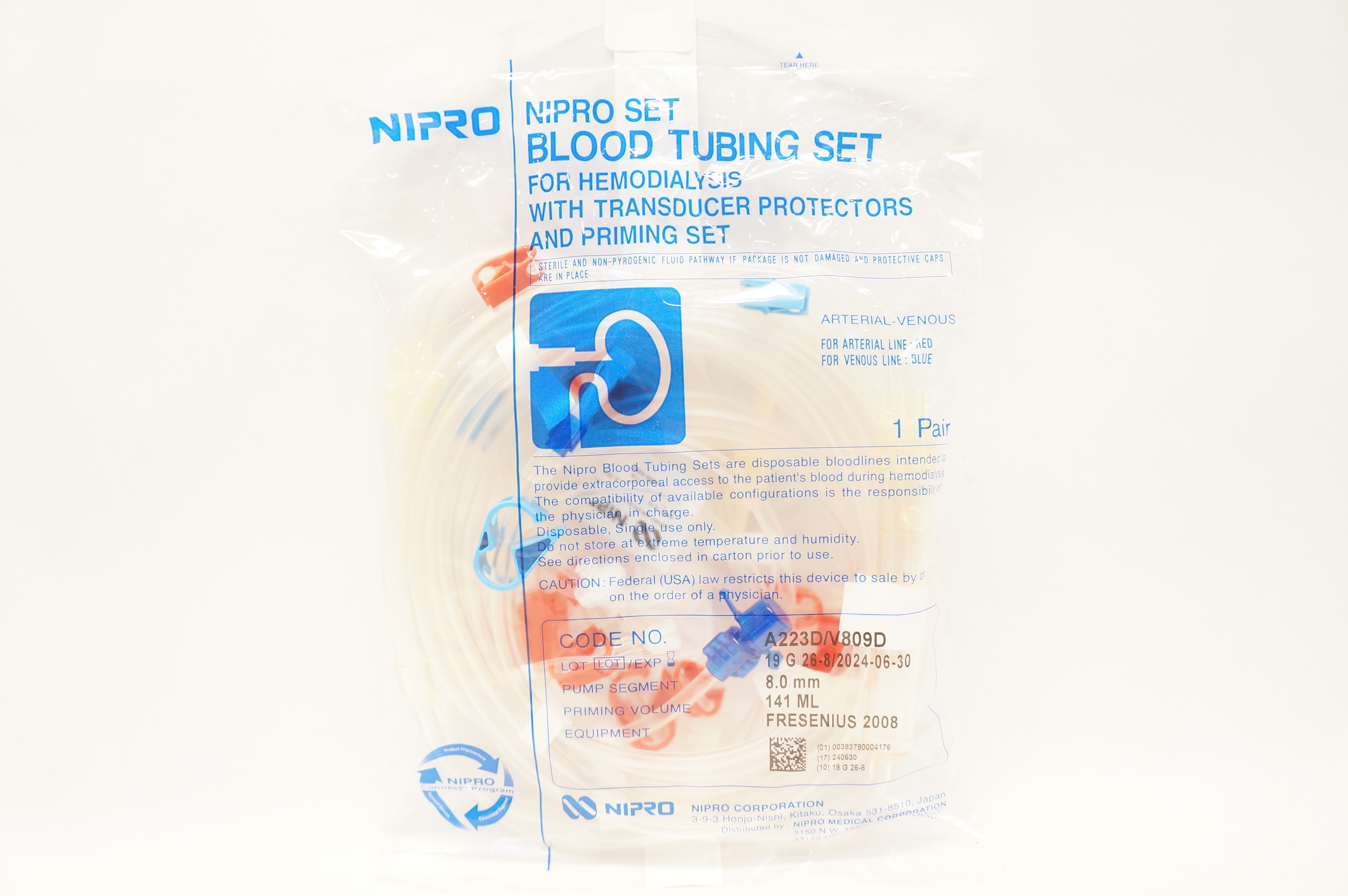 Nipro A223D/V809D Blood Tubing Set For Hemodialysis 8.0mm x 141ml