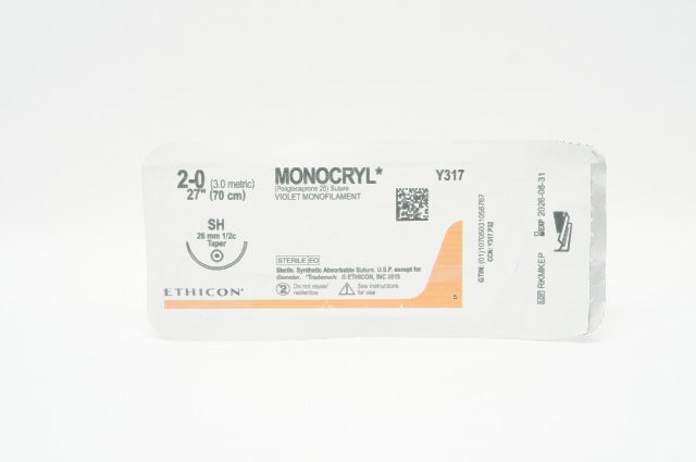 Ethicon Y317 2-0 MONOCRYL Stre SH 26mm 1/2c Taper 27inch