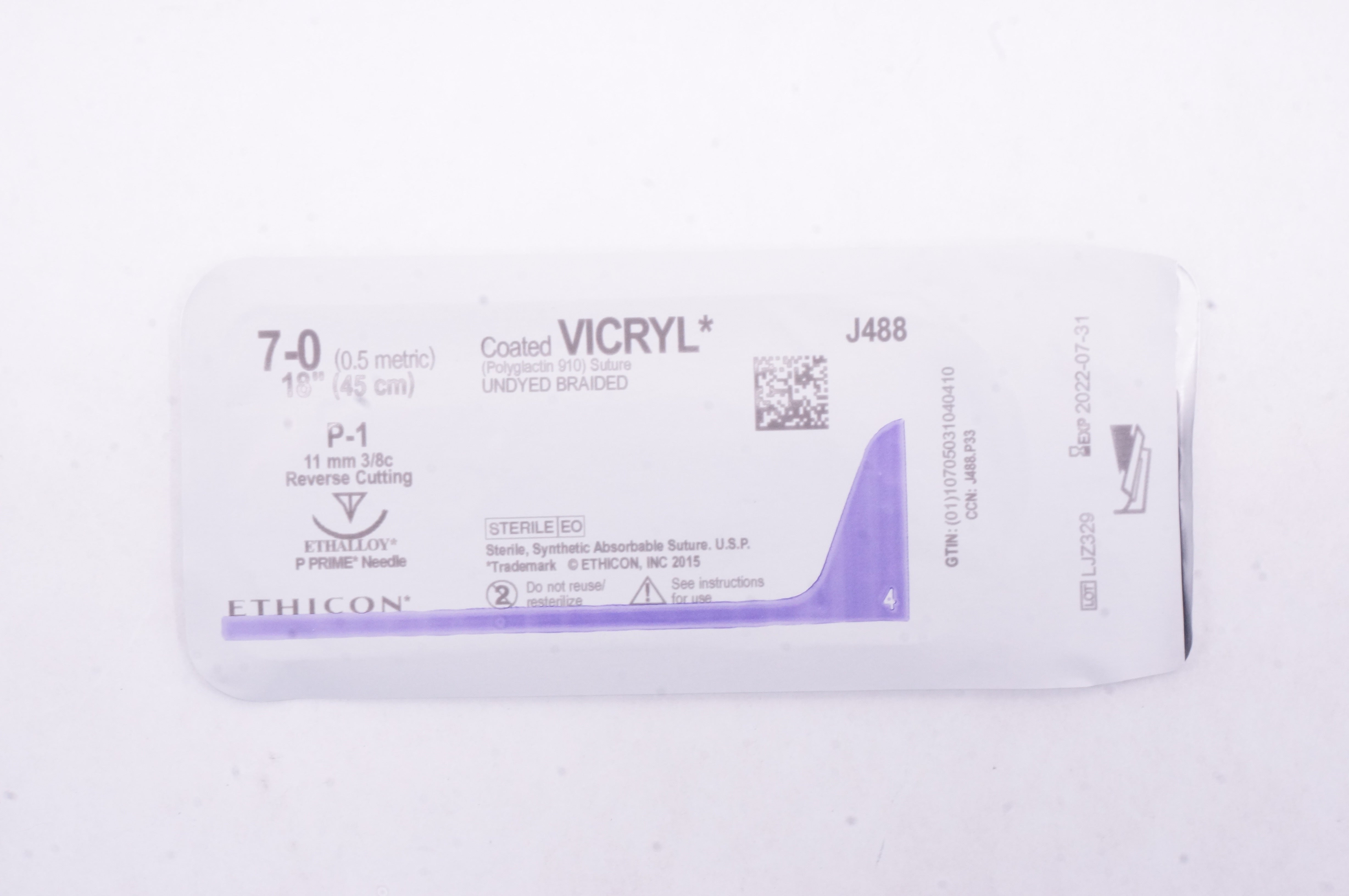 Ethicon J488 7-0 VICRYL, P-1, 11mm 3/8c, 18in.