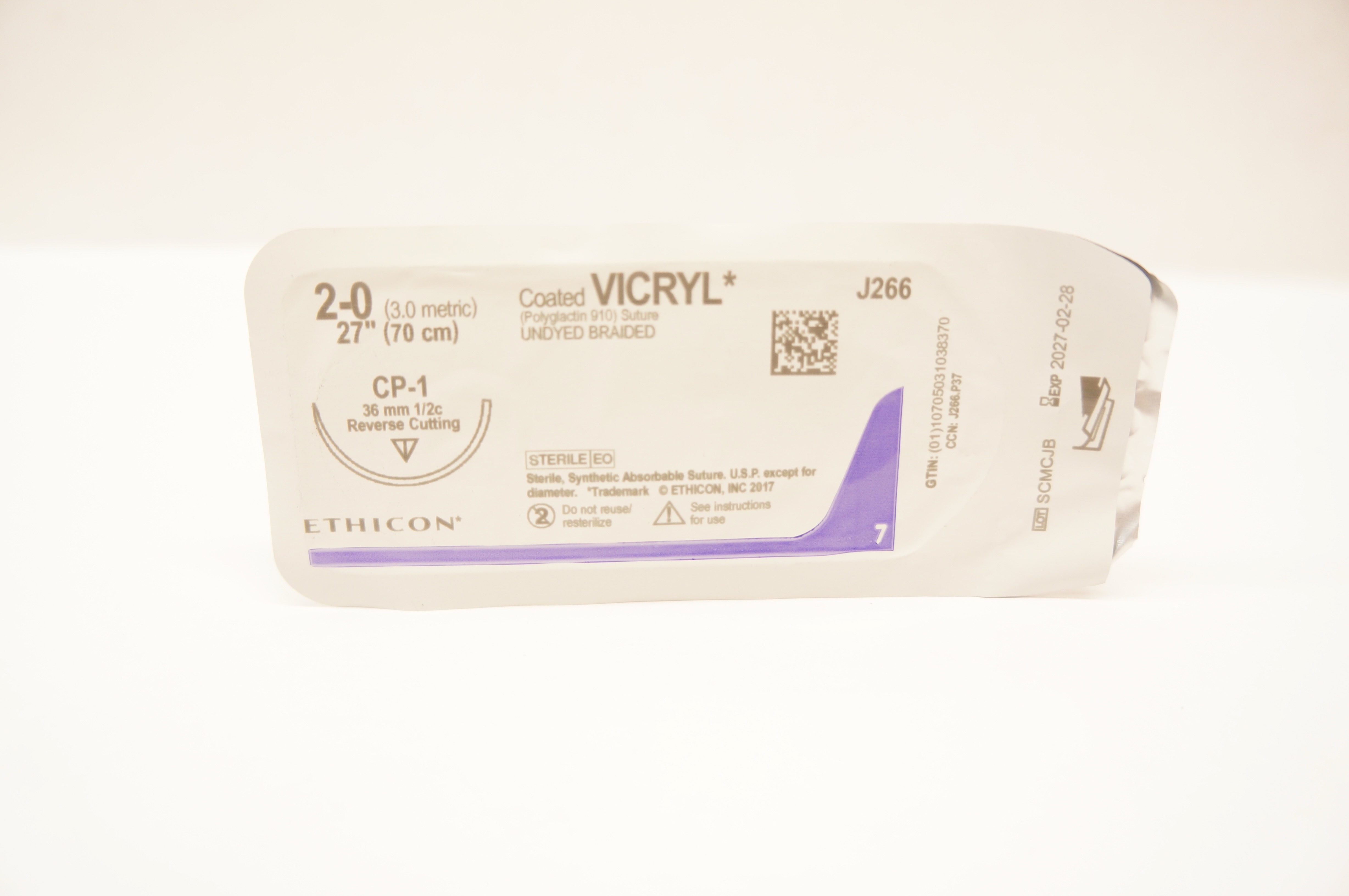 Ethicon J266 2-0 VICRYL, CP-1, 36mm 1/2c Reverse Cutting, 27inch