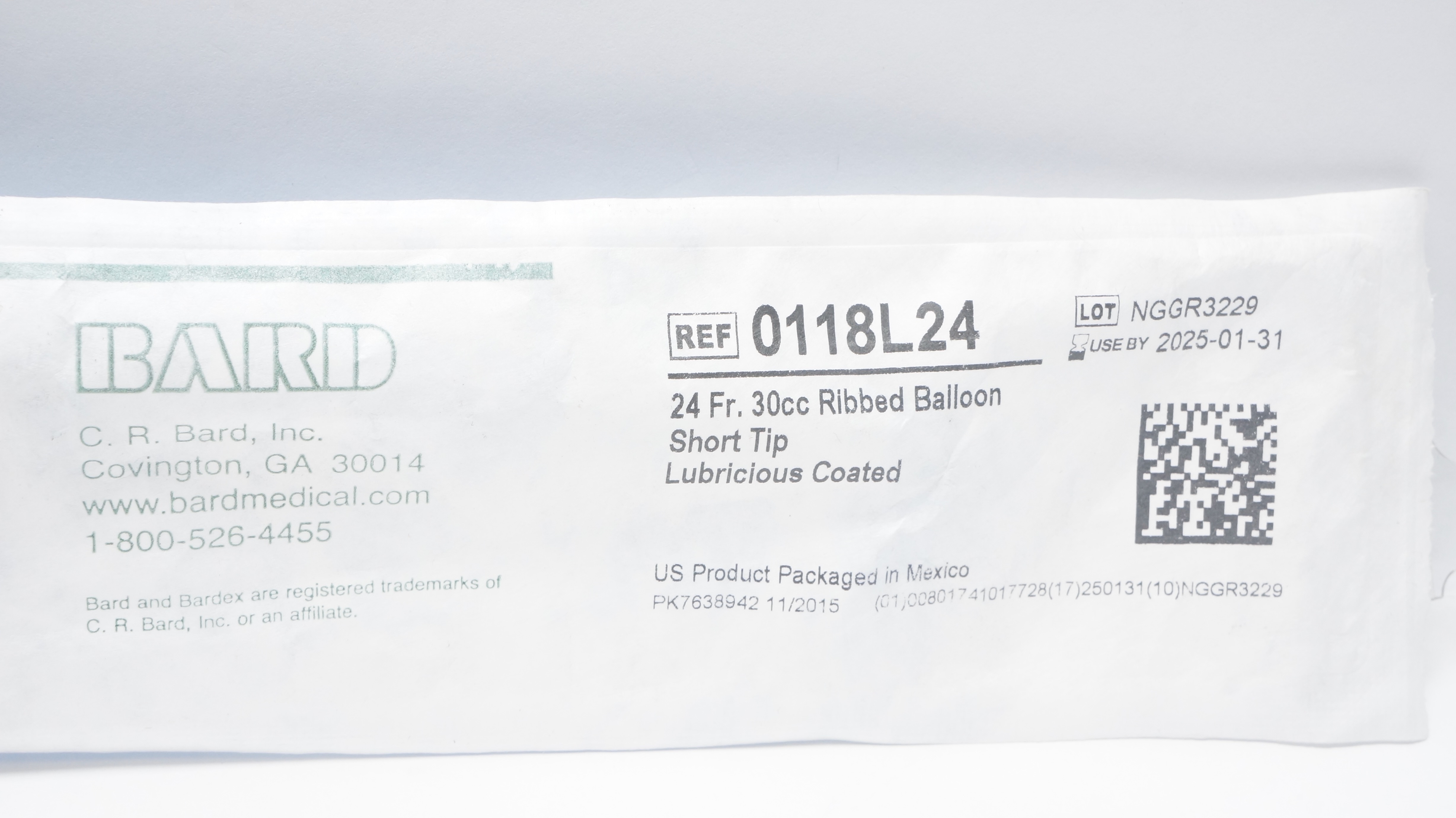 Bard 0118L24 Bardex Foley Cath. Short Tip Coated 24Fr. 30cc Ribbed Balloon (x)