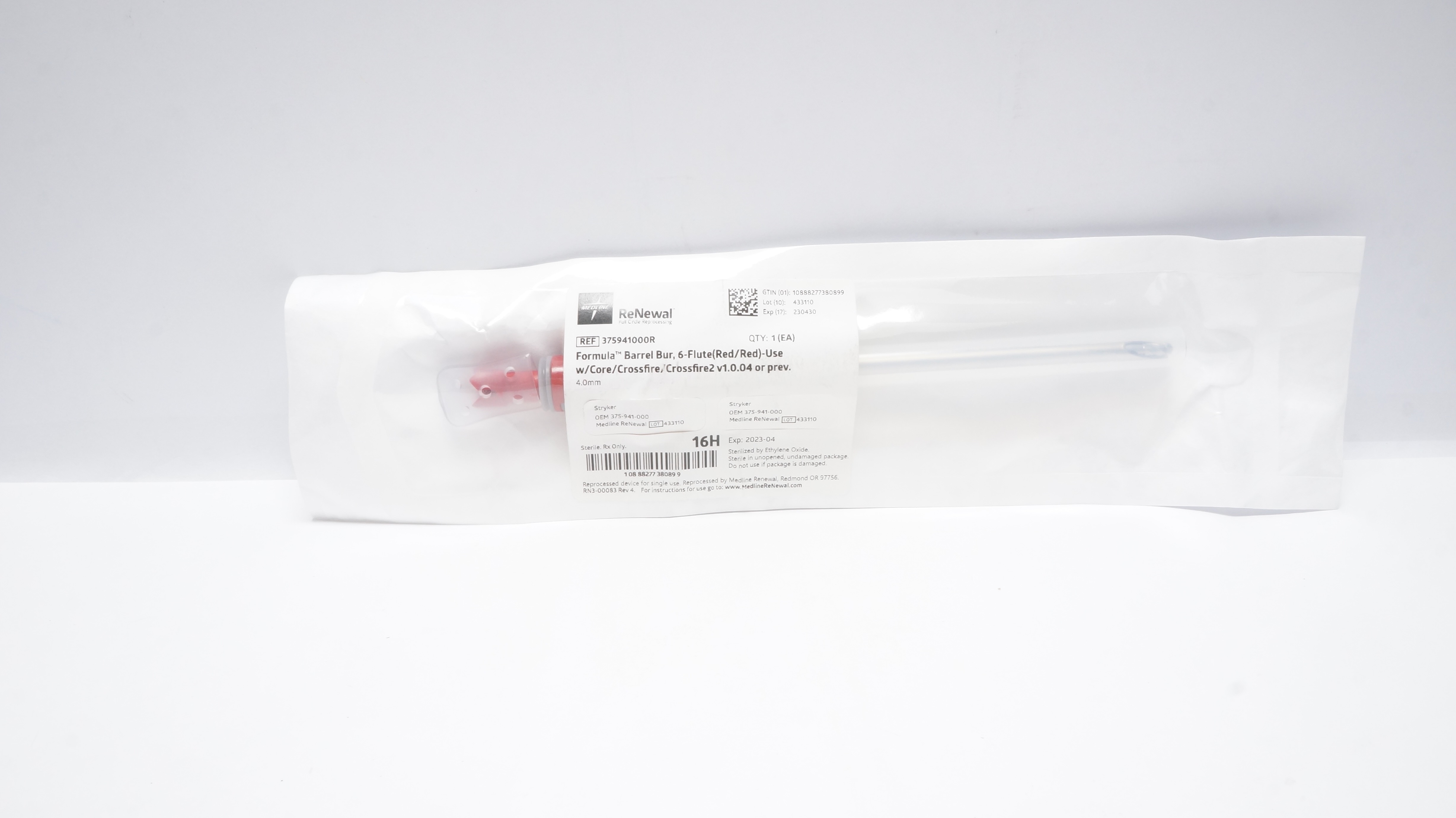 Medline 375941000R ReNewal Formula Barrel Bur, 6-Flute (Red/Red) (x)