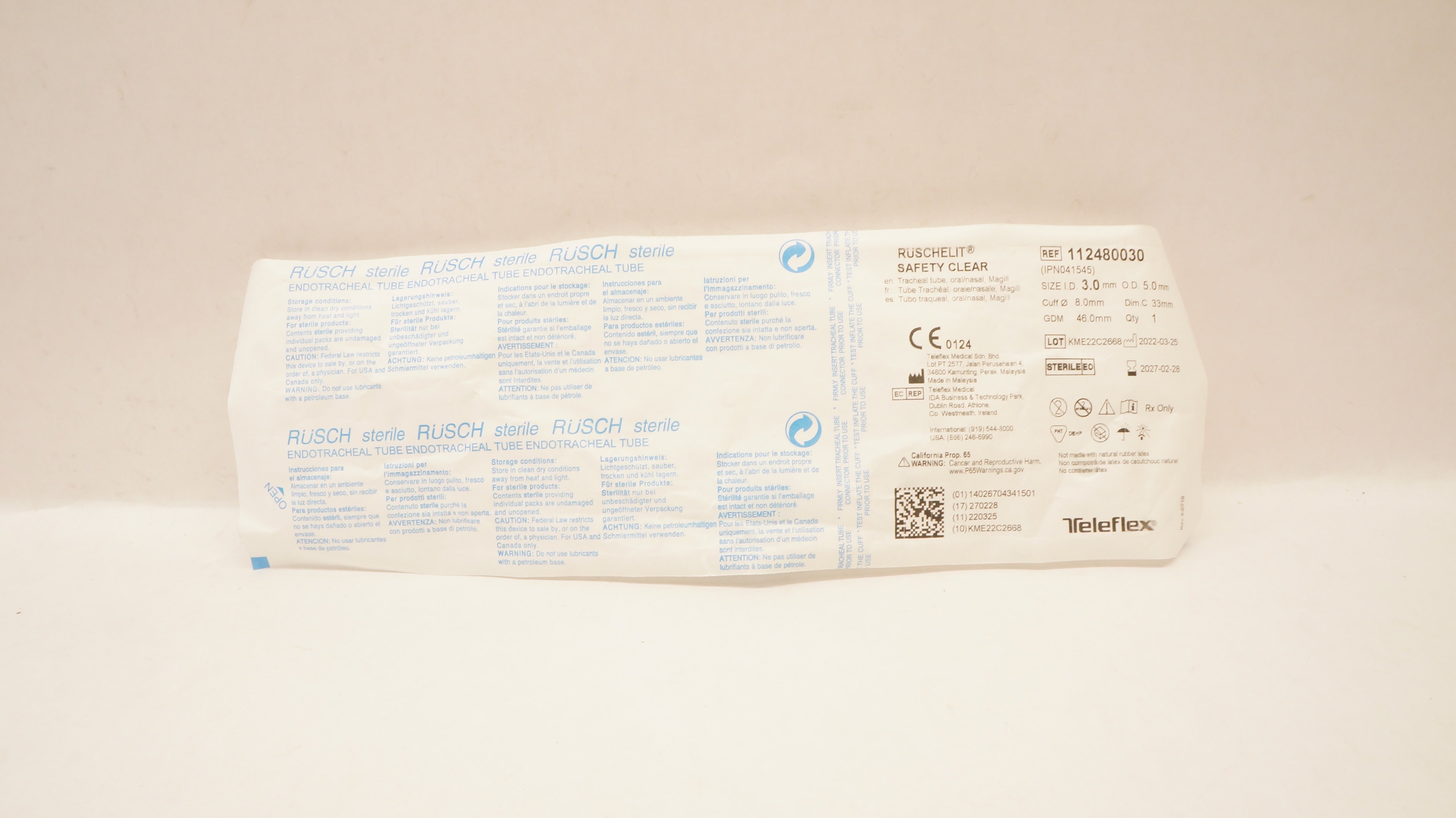 Teleflex 112480030 Ruschelit Oral/Nasal Tracheal Tube 3.0 ID x 5.0 OD x 8.0mm