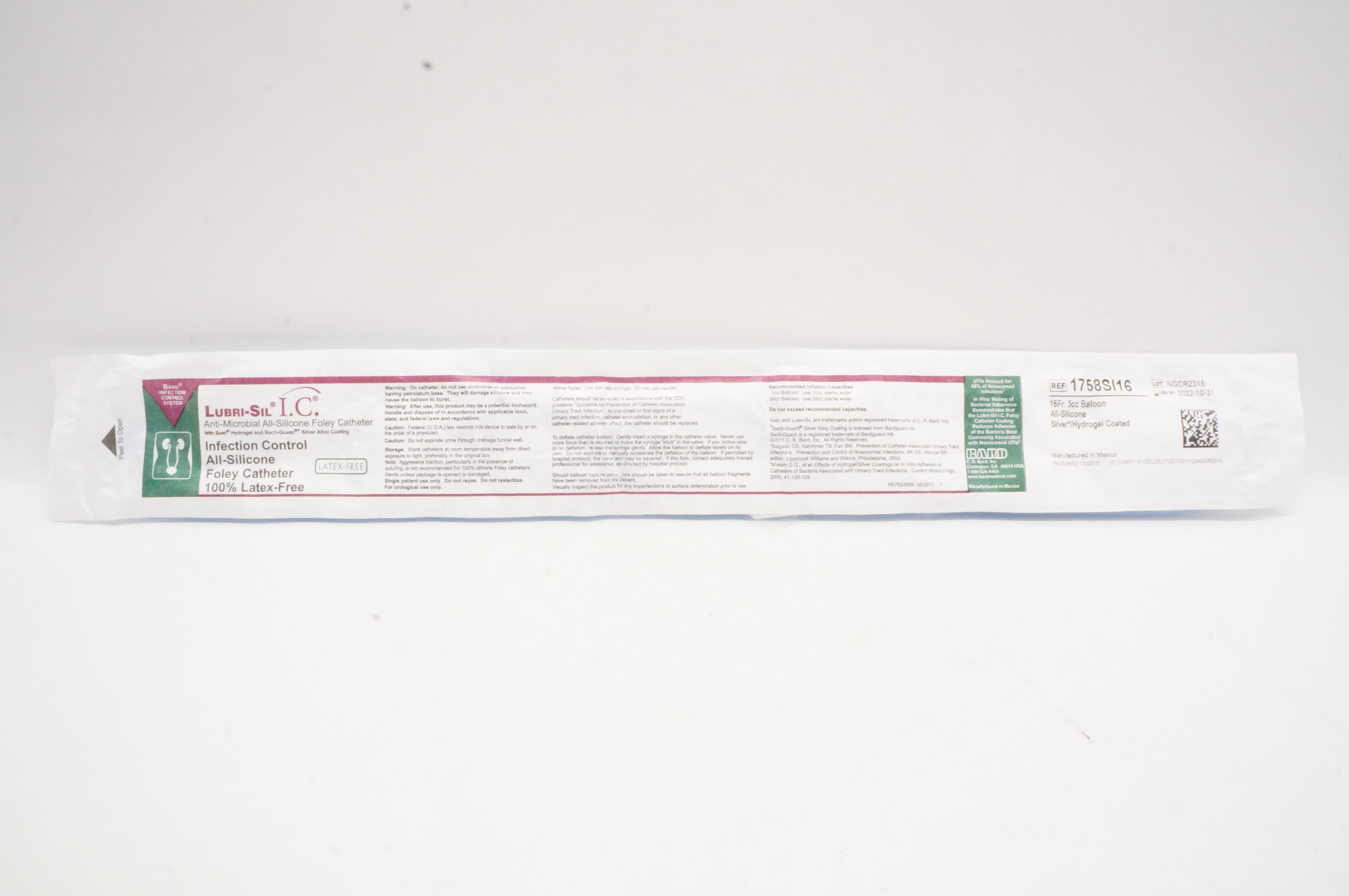 Bard 1758SI16 Lubri-Sil I.C. Anti-Microbial All-Silicone Foley Cath. 16Fr (x)