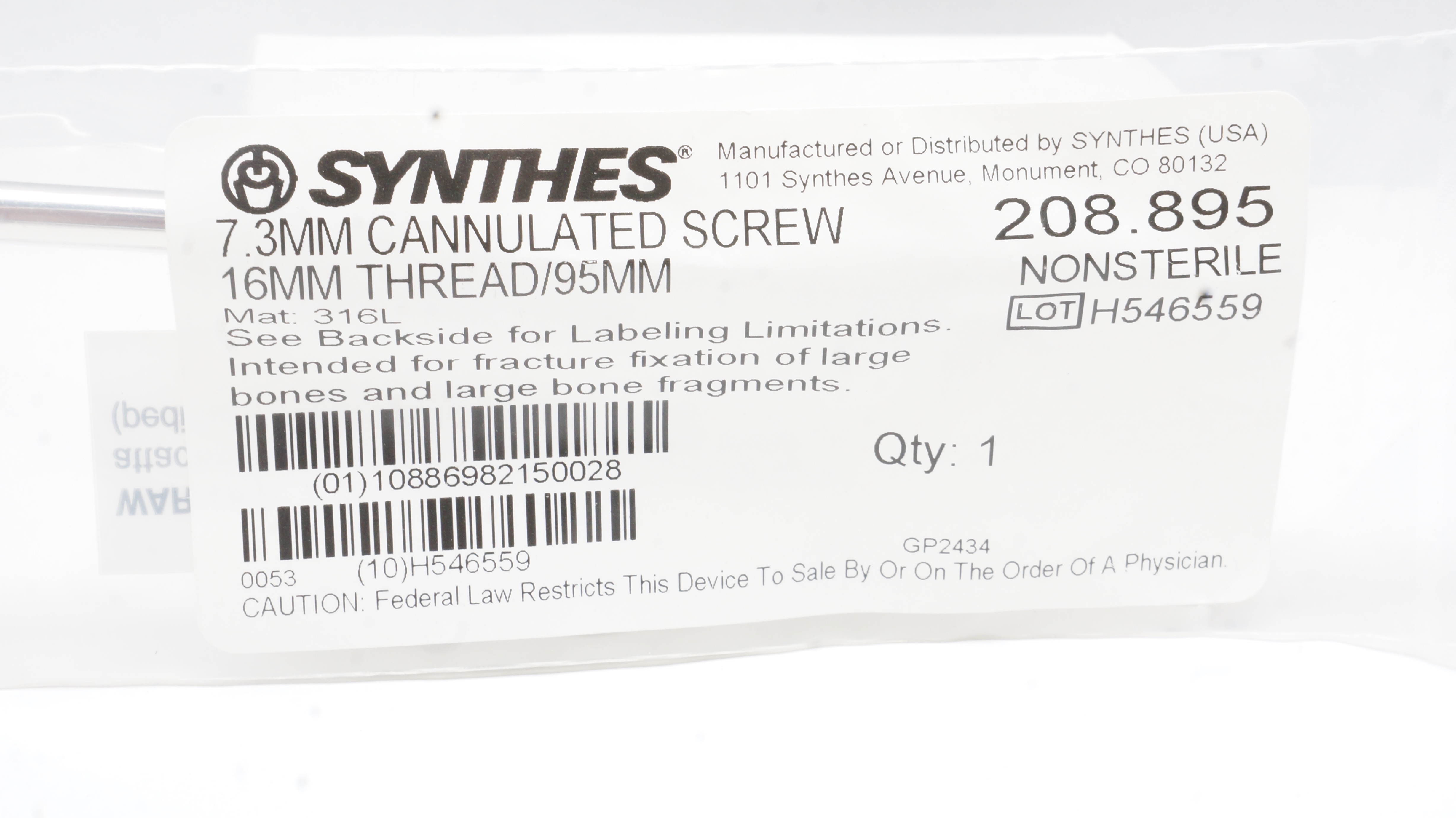 Synthes 208.895 7.3mm Cannulated Screw 16mm Thread/95mm