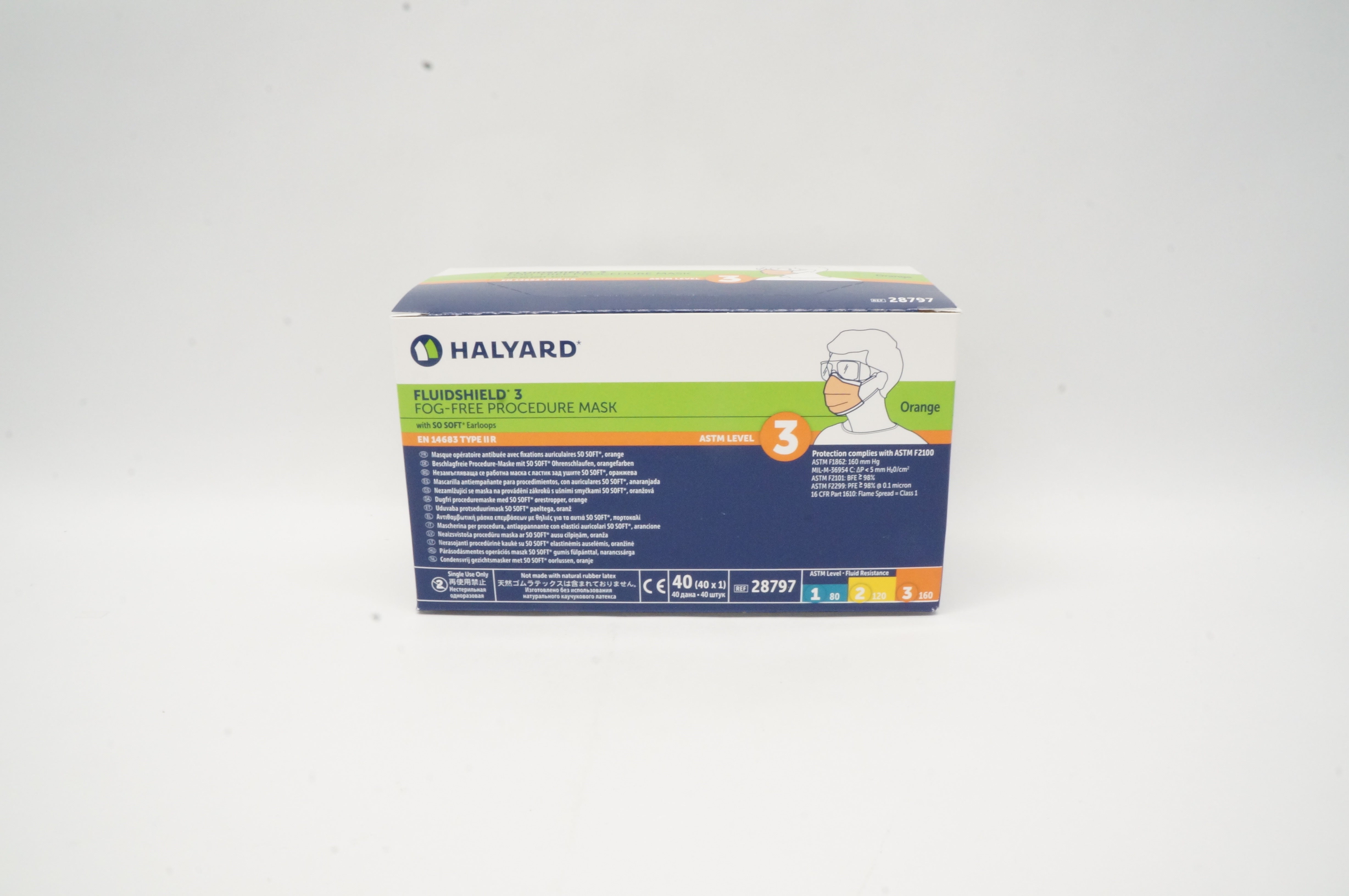 Halyard 28797 Fluidshield 3 Fog-Free Procedure Mask EN14683 Type II R, Orange