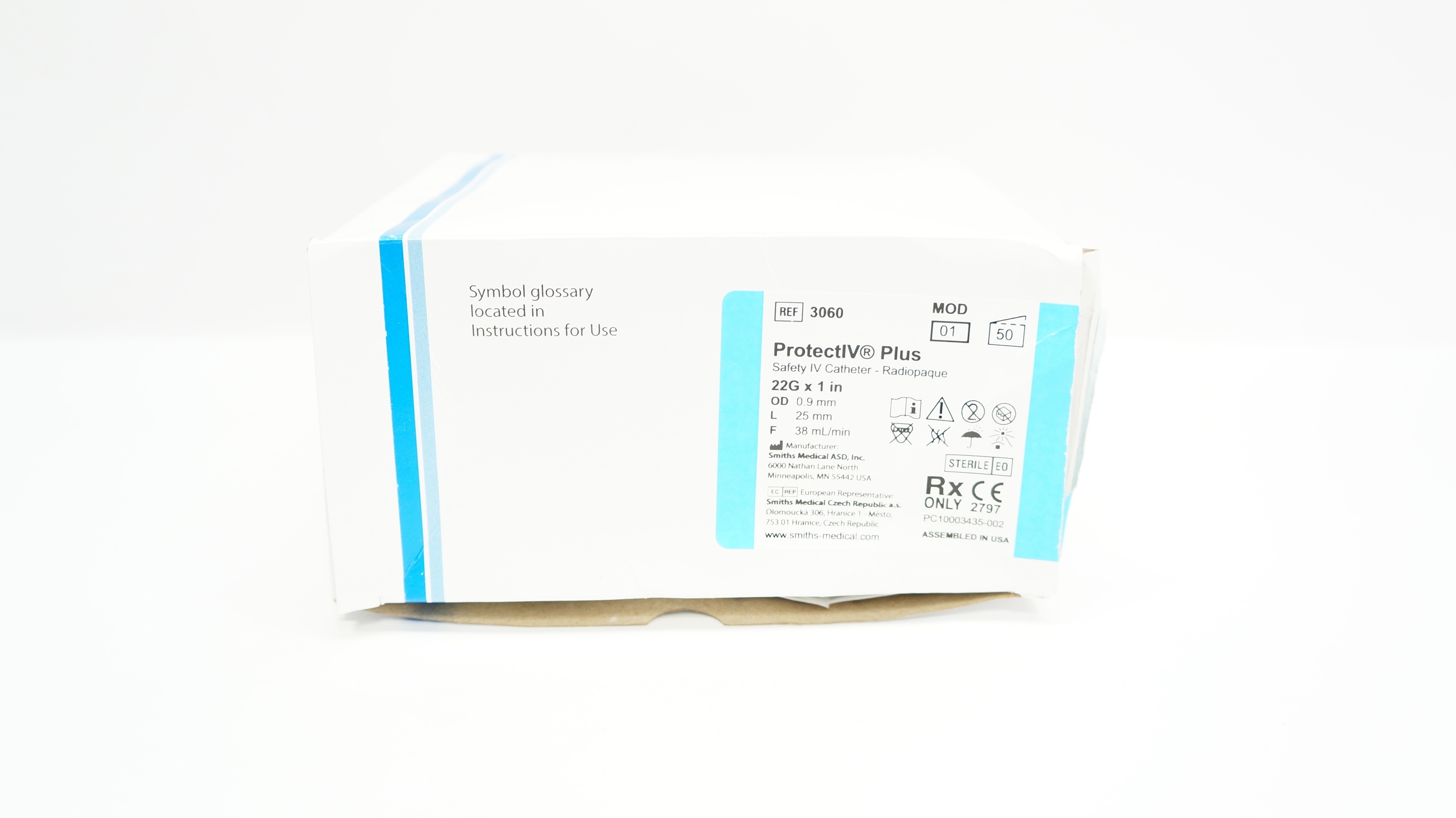 Smiths Medical 3060 ProtectIV Plus Safety Cath. 22G x 1inch 38ml/min - Box of 50