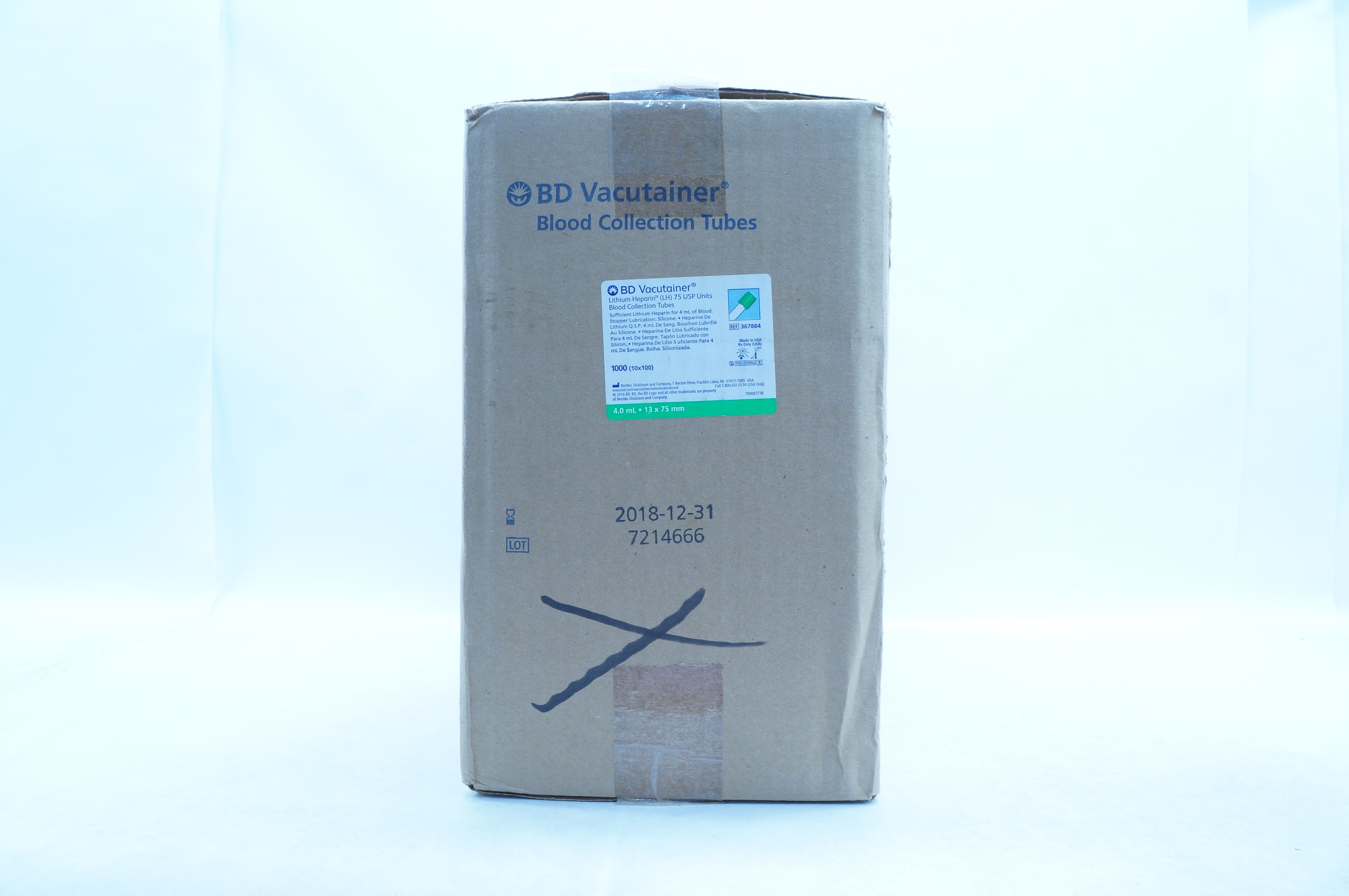 BD 367884 Vacutainer Lithium Heparin 75 USP 4.0mL, 13 x 75mm (x)- Box of 1000