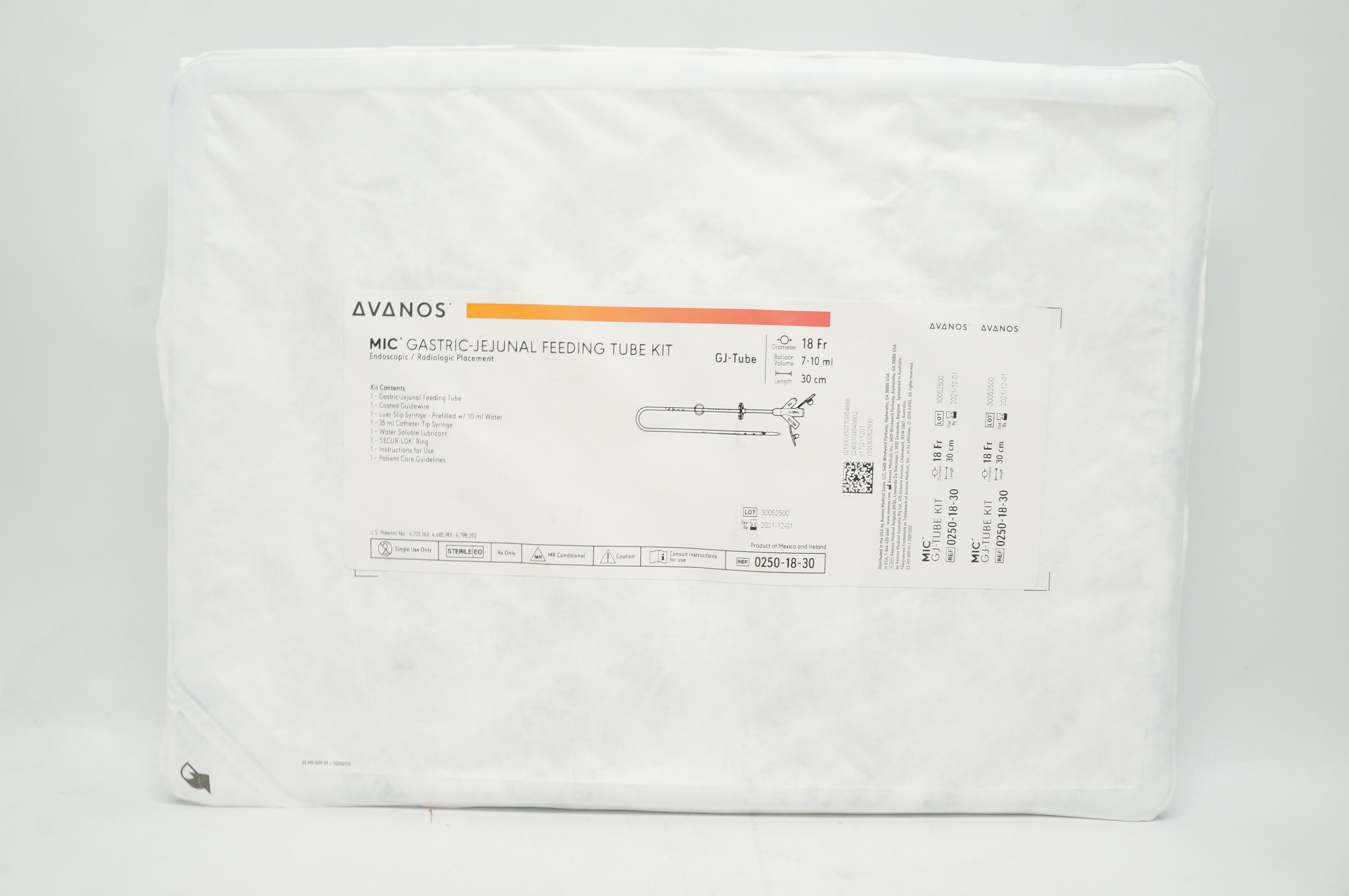 Avanos Medical 0250-18-30 MIC Gastric-Jejunal Feeding Tube Kit 18Fr x 7-10ml