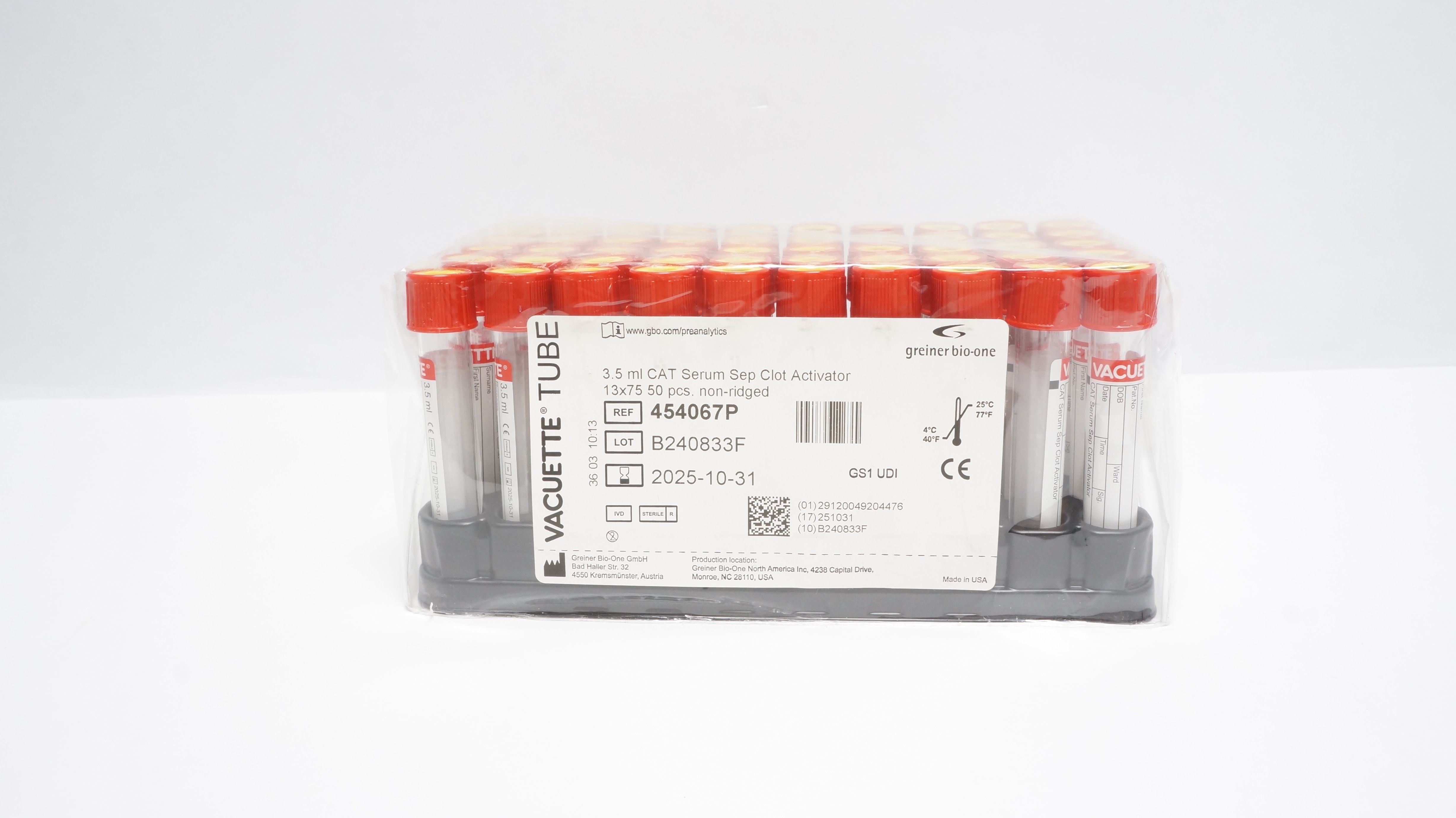 Greiner 454067P VACUETTE Tube 3.5mL Serum Sep Clot Activator 13x75mm -Pack of 50