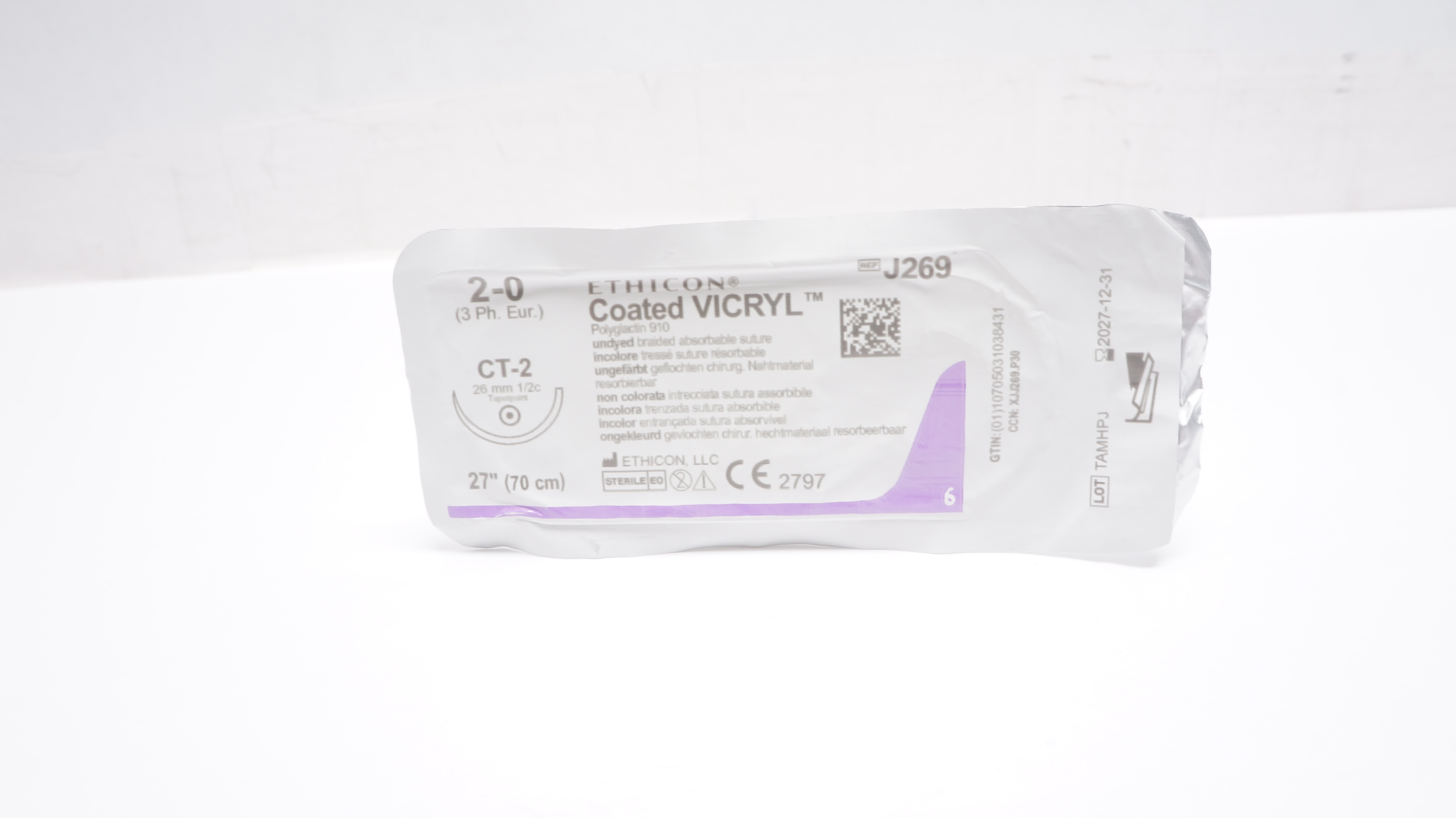 Ethicon J269 2-0 VICRYL Polyglactin 910 Stre CT-2 26mm 1/2c Taperpoint 27inch