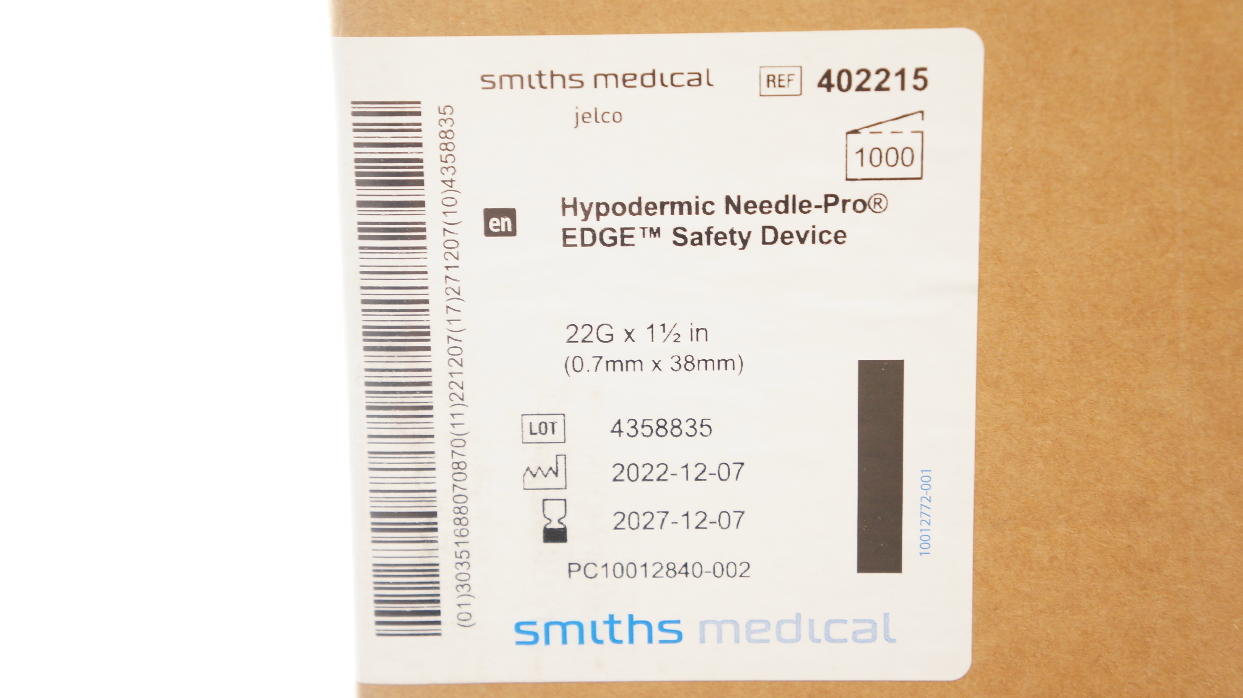 Smiths Medical 402215 Hypodermic EDGE Safety Device 22G x 1-1/2inch -Box of 1000