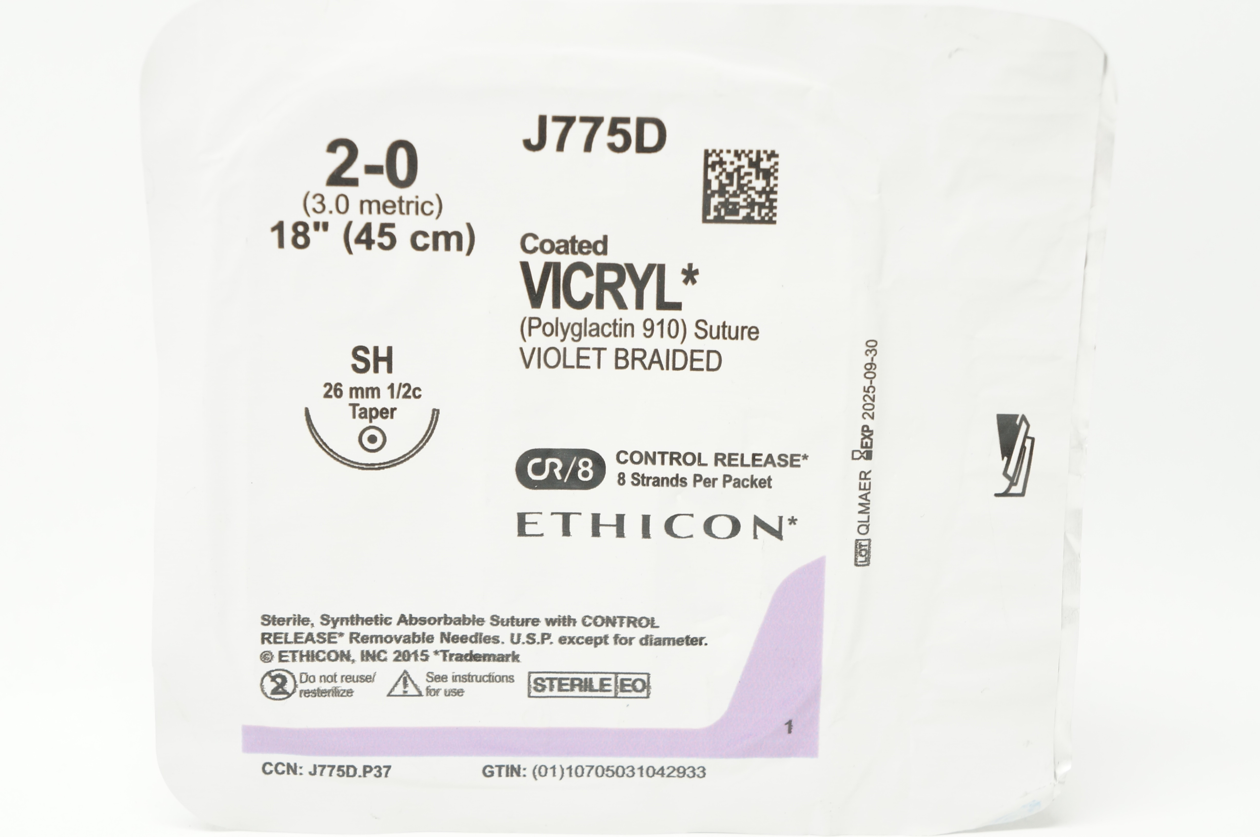 Ethicon J775D 2-0 Coated VICRYL Polyglactin 910 Stre SH 26mm 1/2c Taper 18inch