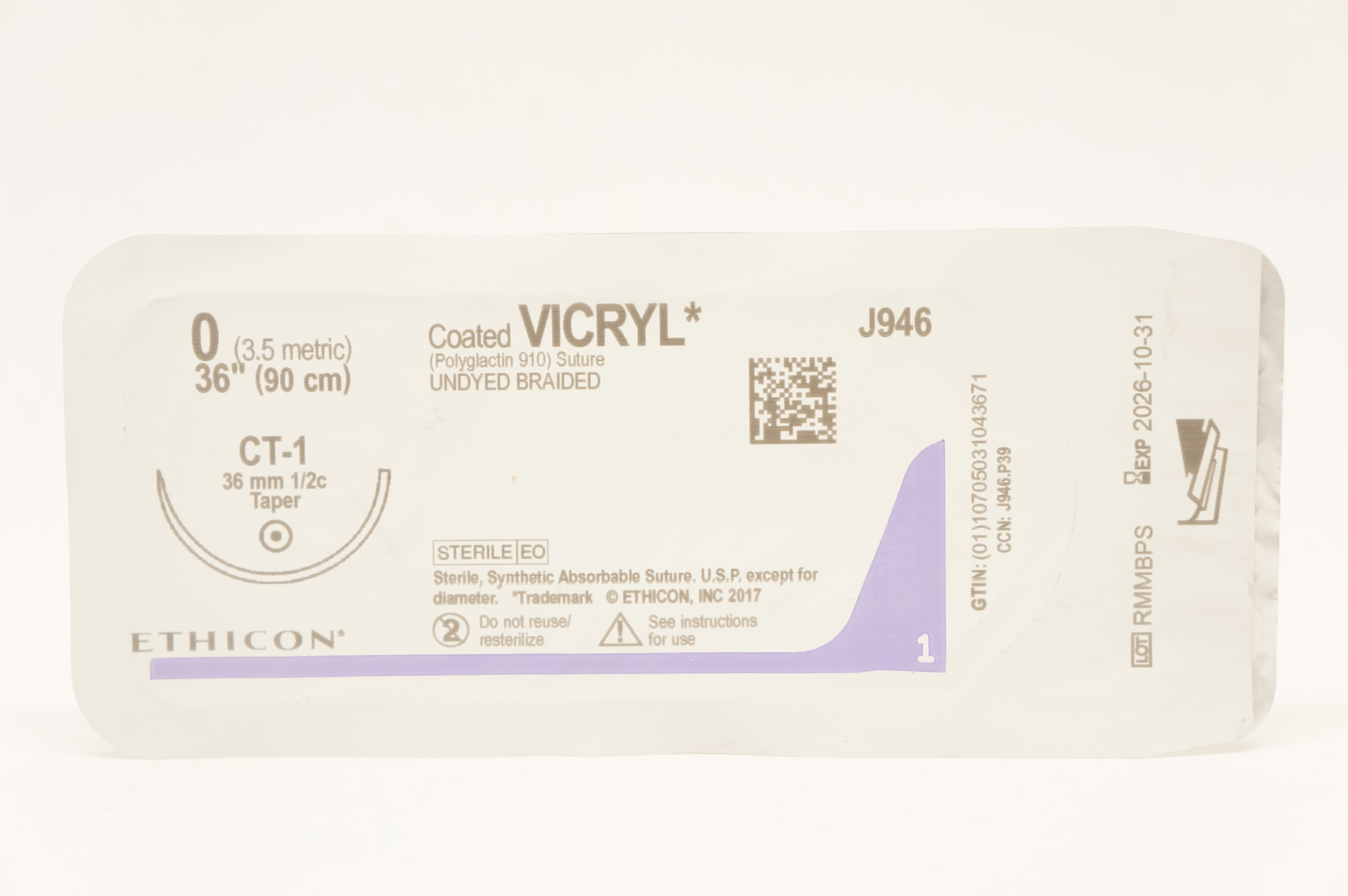 Ethicon J946 0 Coated VICRYL Stre Undyed Braided CT-1 36mm 1/2c Taper, 36inch