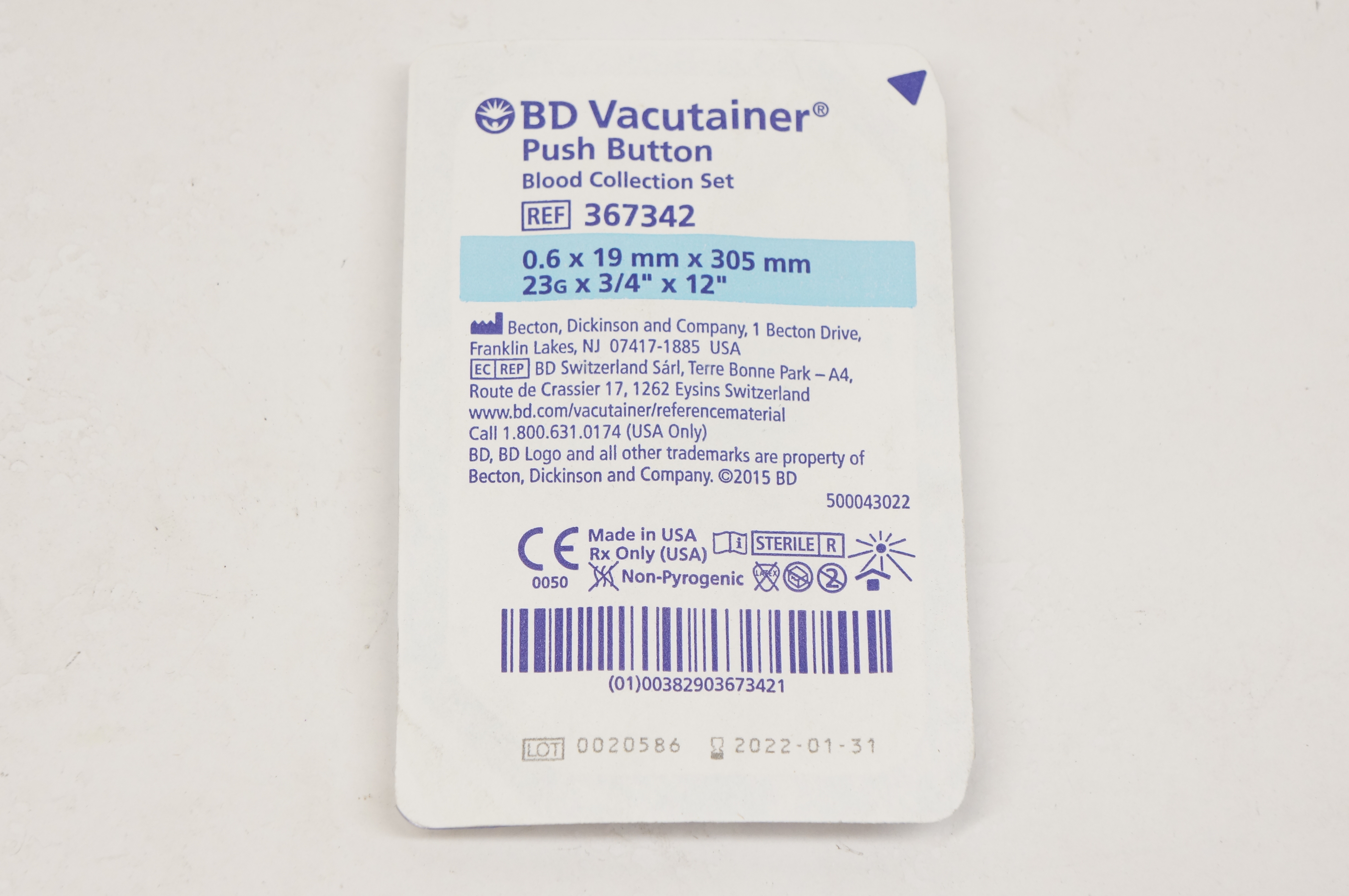 BD 367342 Vacutainer Push Button Blood Collection Set 23G x 3/4inch x 12inch