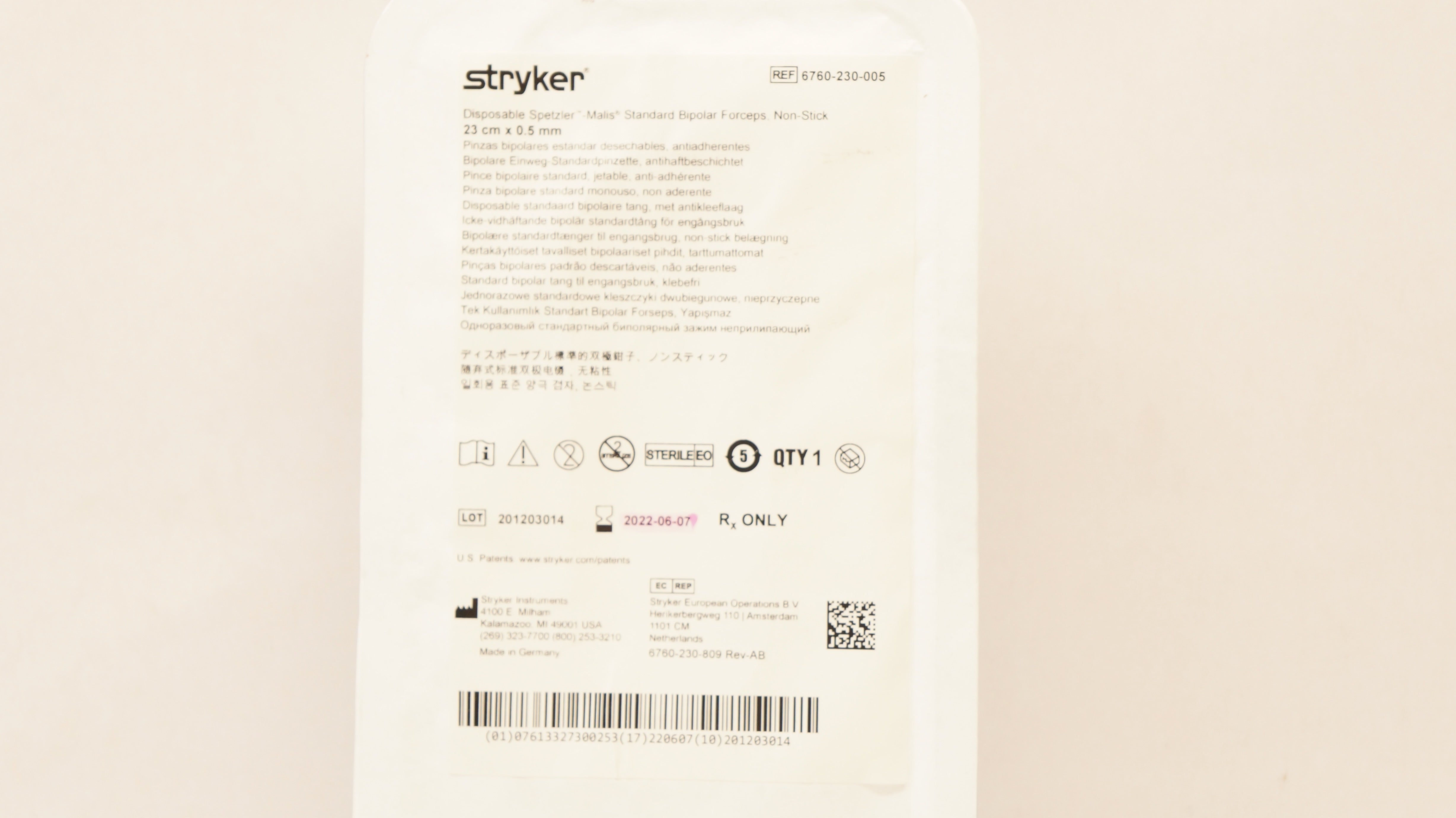 Stryker 6760-230-005 Spetzer Malis Standard Bipolar Forceps 23cm x 0.5mm (x)