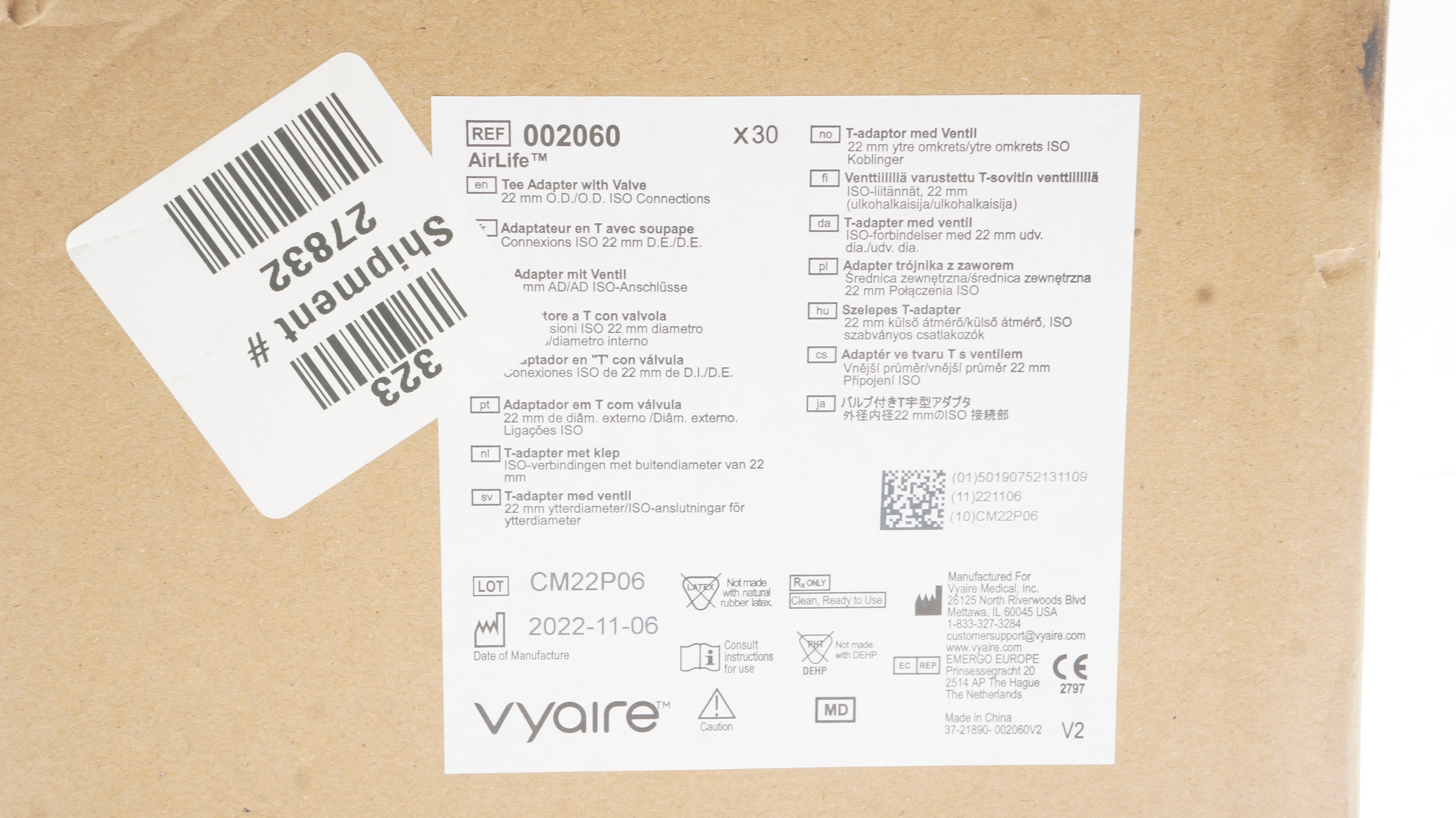 Vyaire 002060 AirLife Tee Adapter w/Valve 22mm OD/OD ISO Connections - Box of 30