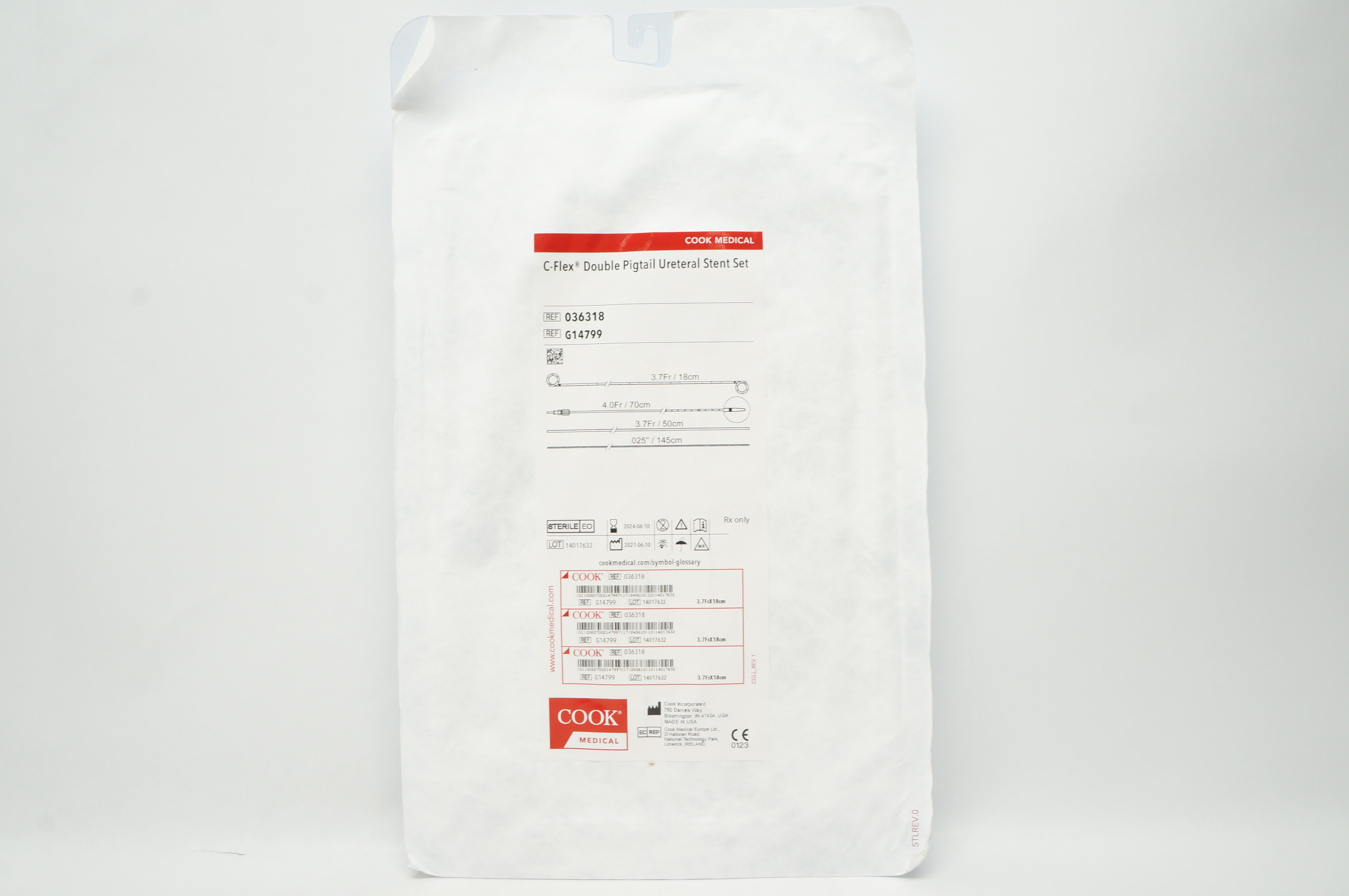 Cook Medical G14799 C-Flex Double Pigtail Ureteral Stnt Set 3.7Fr. /18cm