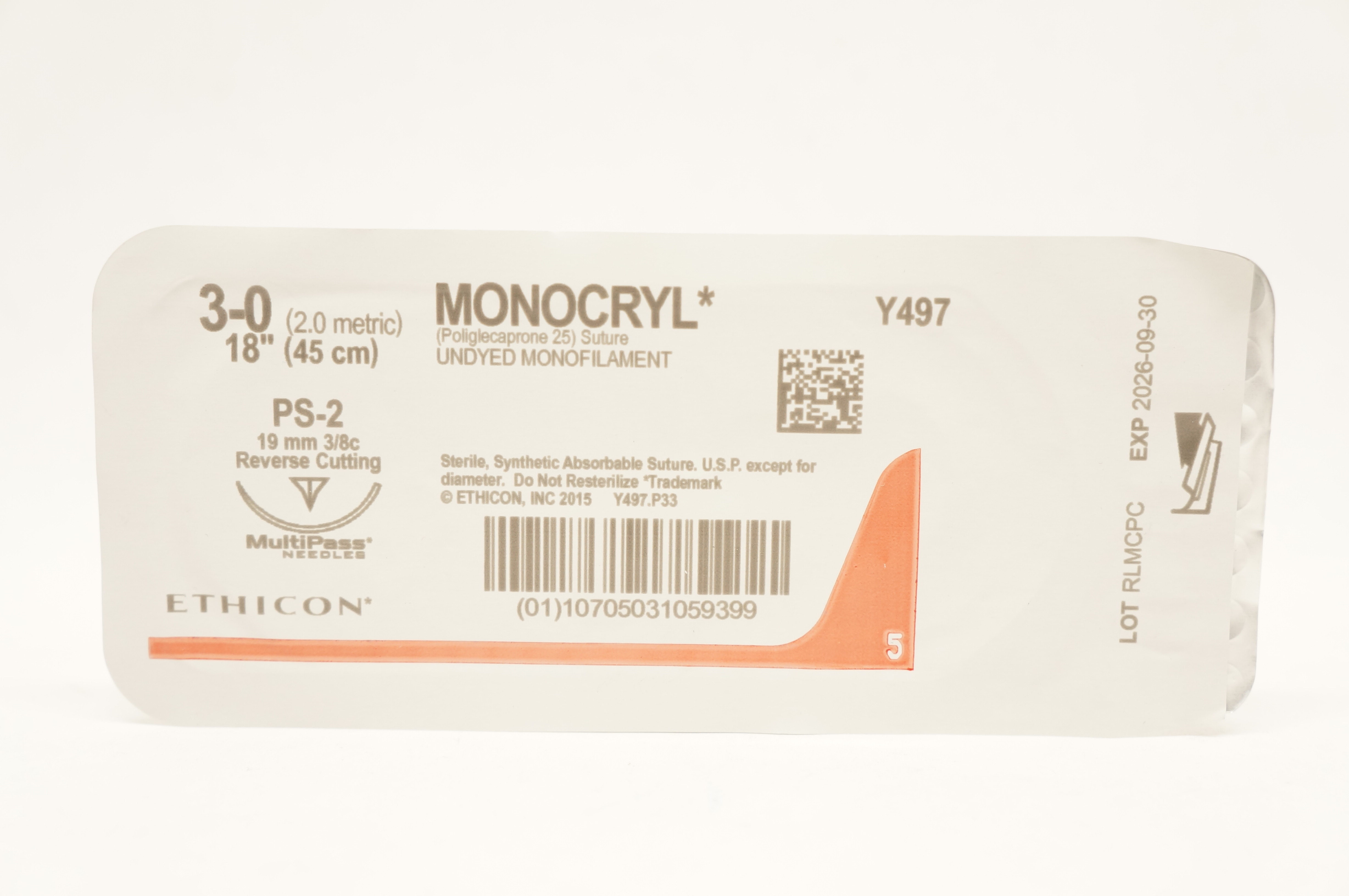 Ethicon Y497 3-0 MONOCRYL Stre PS-2 19mm 3/8c Reverse Cutting, 18inch