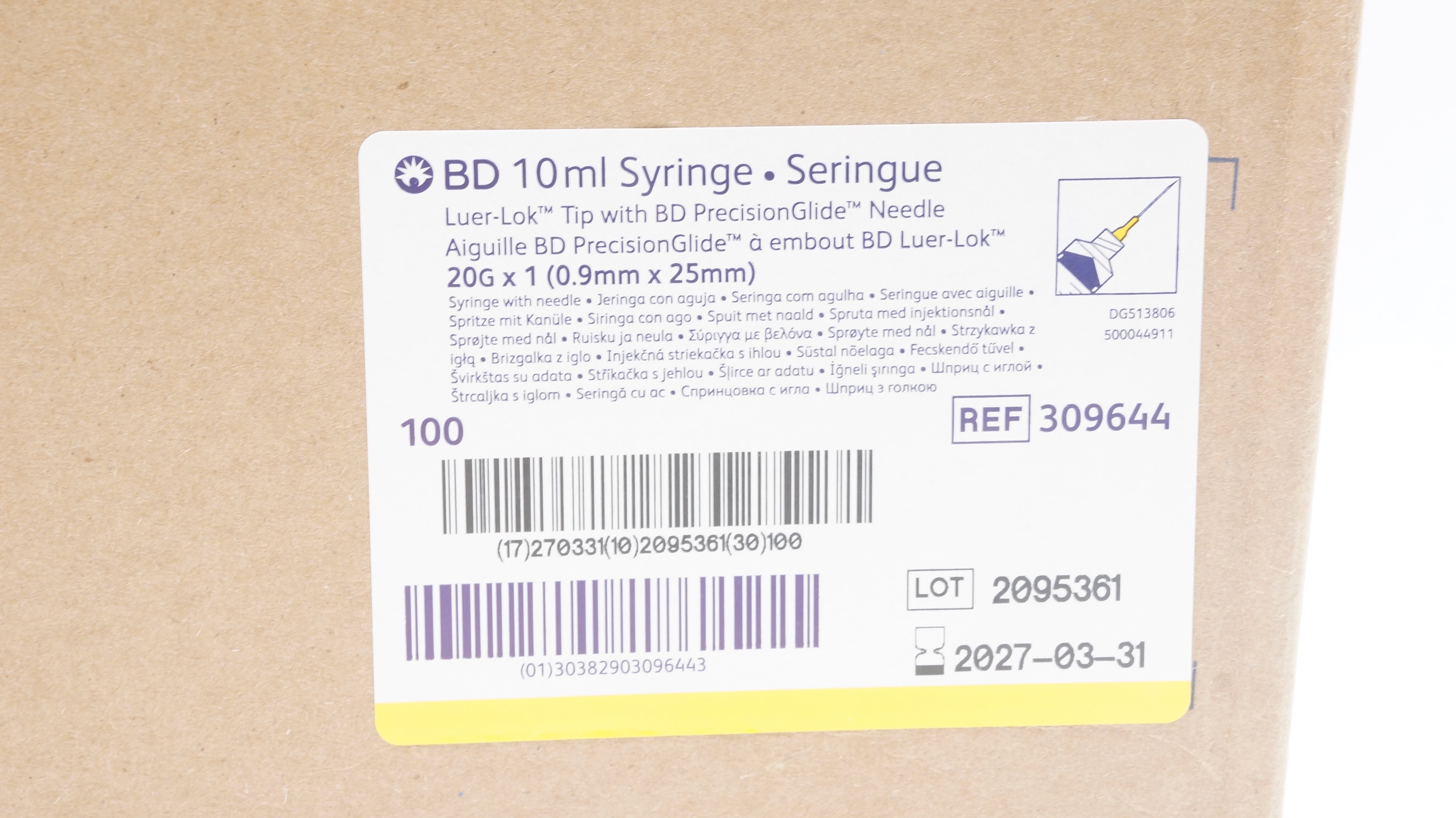 BD 309644 Syringe 10mL Luer-Lok Tip W/PrecisionGlide Ndle 20G x 1 - Box of 100