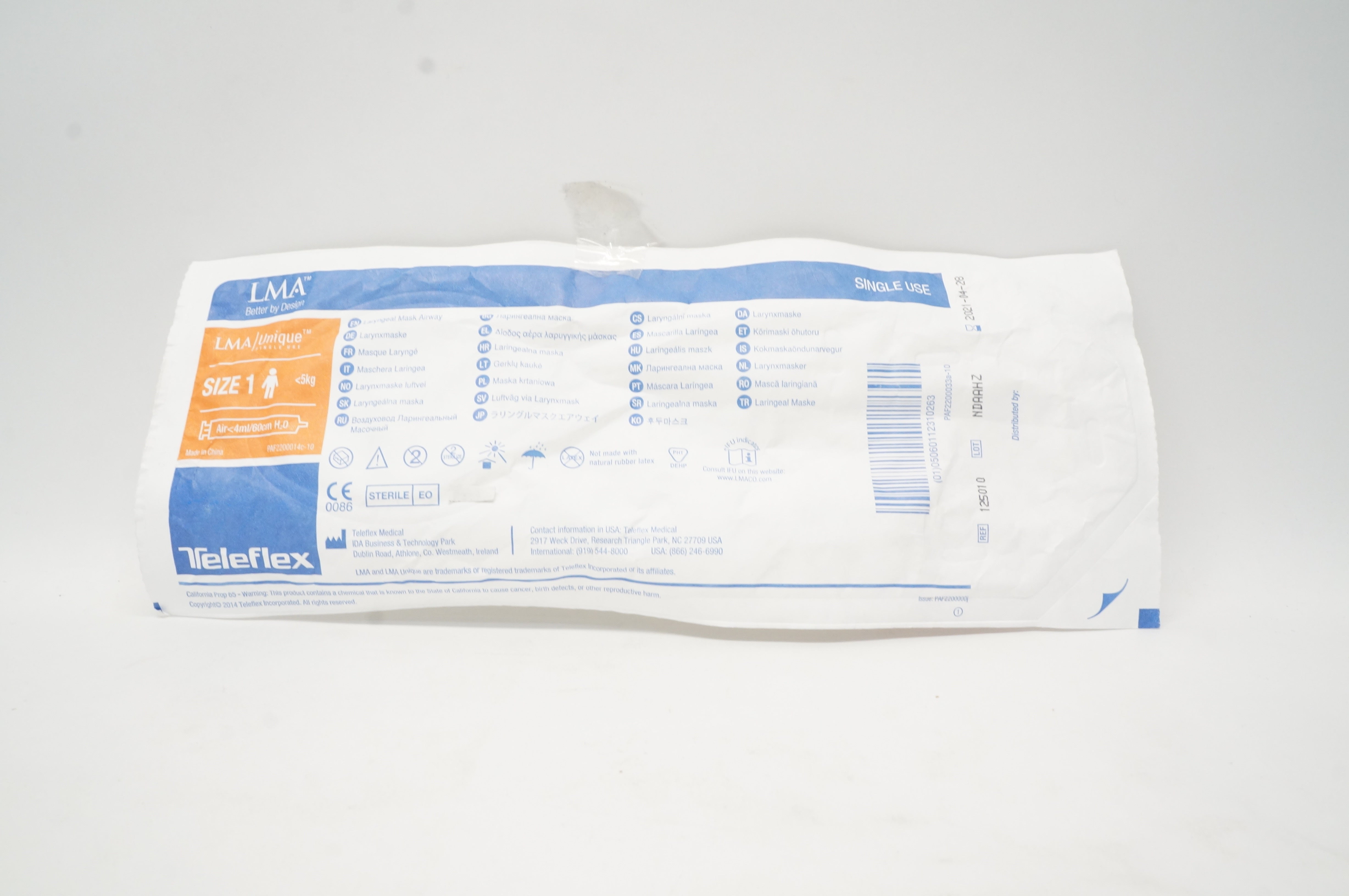 Teleflex 125010 LMA Unique Laryngeal Mask Airway, Size1 <5kg Air<4ml/60cm H2O(x)