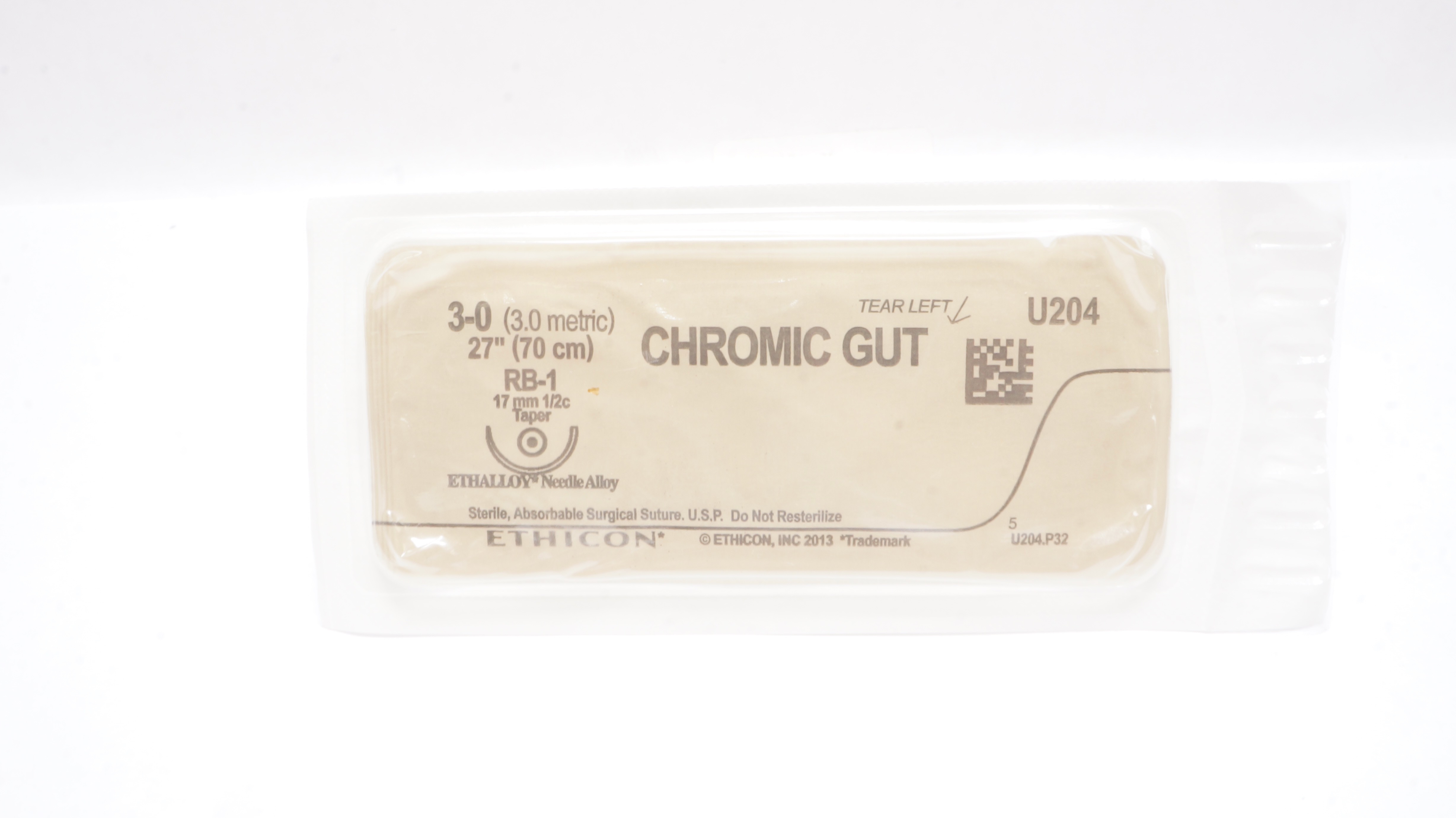 Ethicon U204 3-0 CHROMIC GUT, RB-1, 17mm 1/2c Taper, 27inch