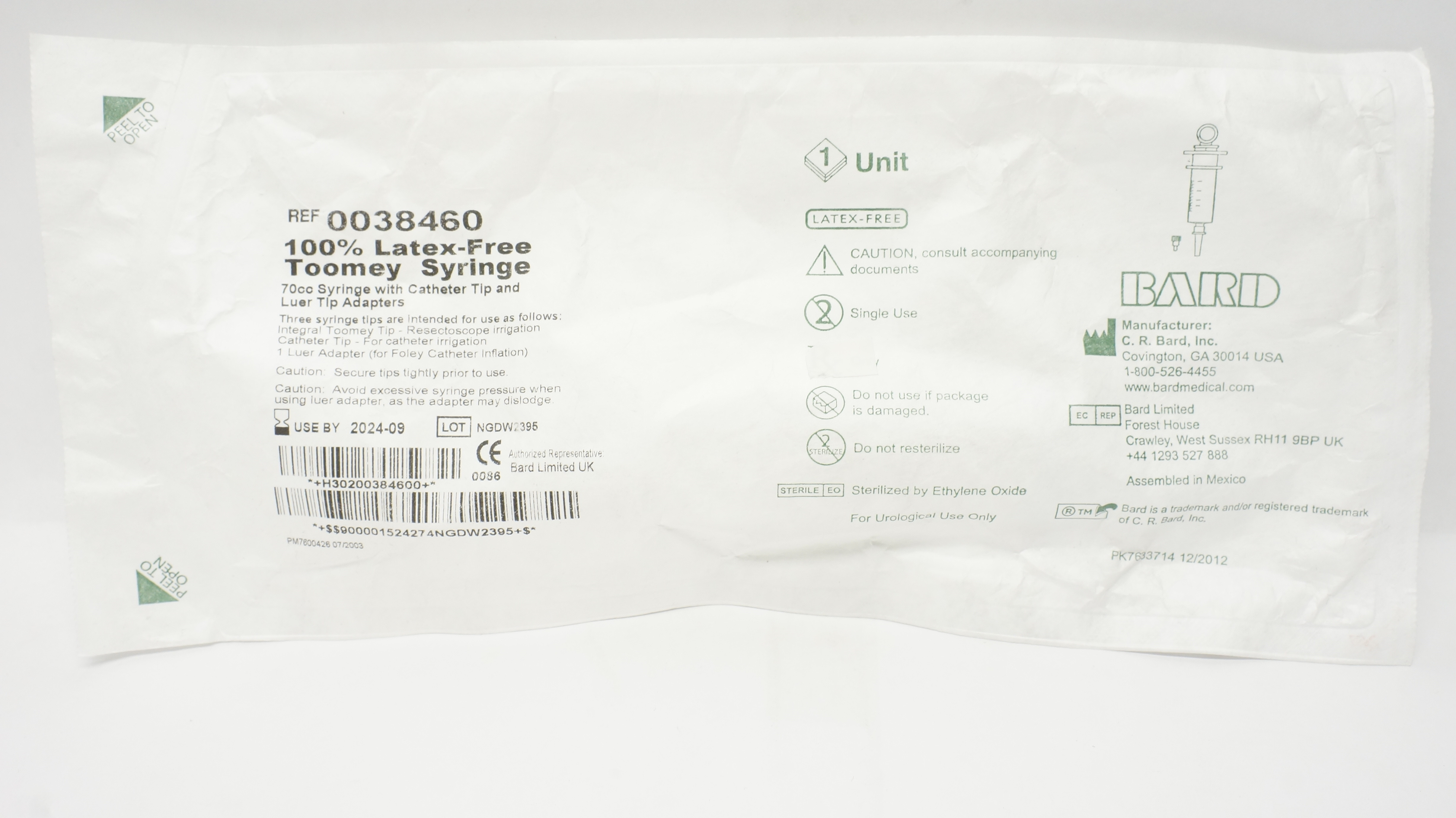 Bard 0038460 Toomey Syringe 70cc With Cath. Tip & Luer Tip Adapters