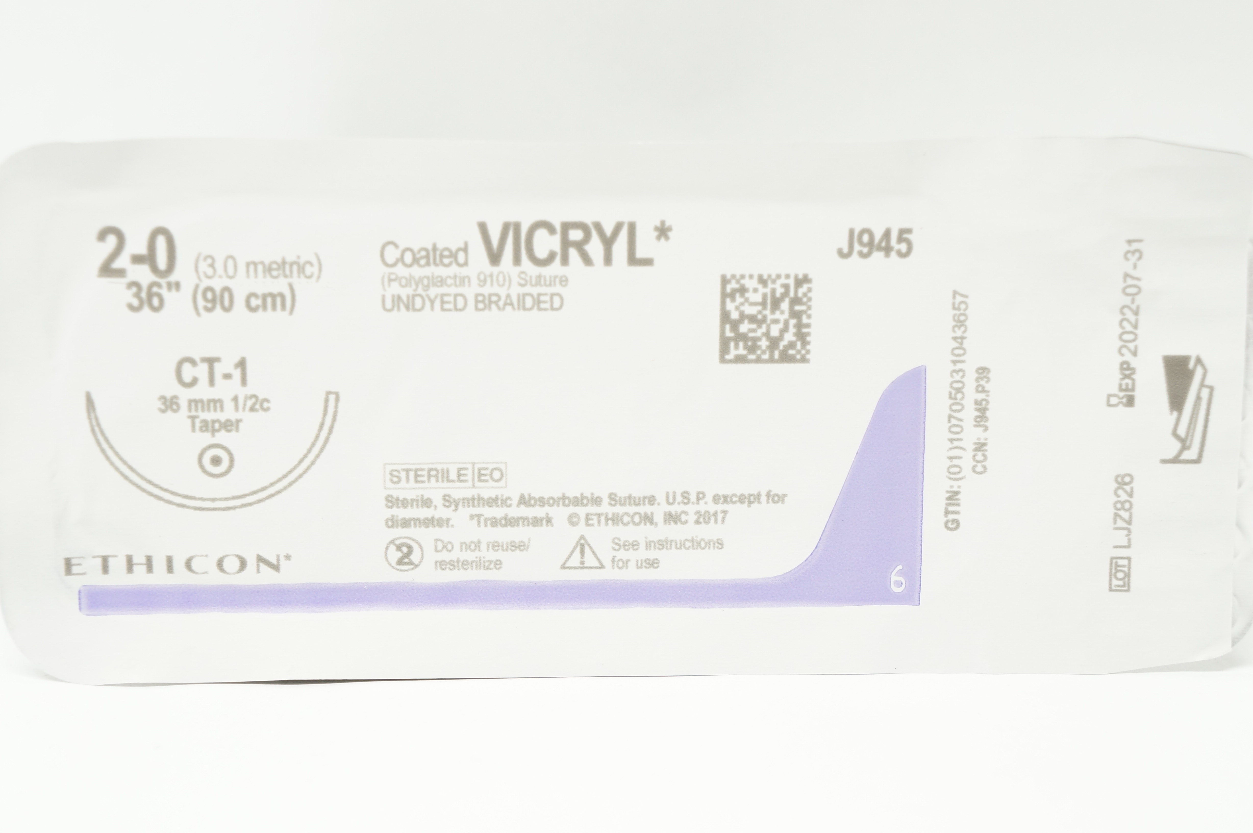Ethicon J945 2-0 Coated VICRYL Polyglactin 910 Stre CT-1 36mm 1/2c Taper, 36inch