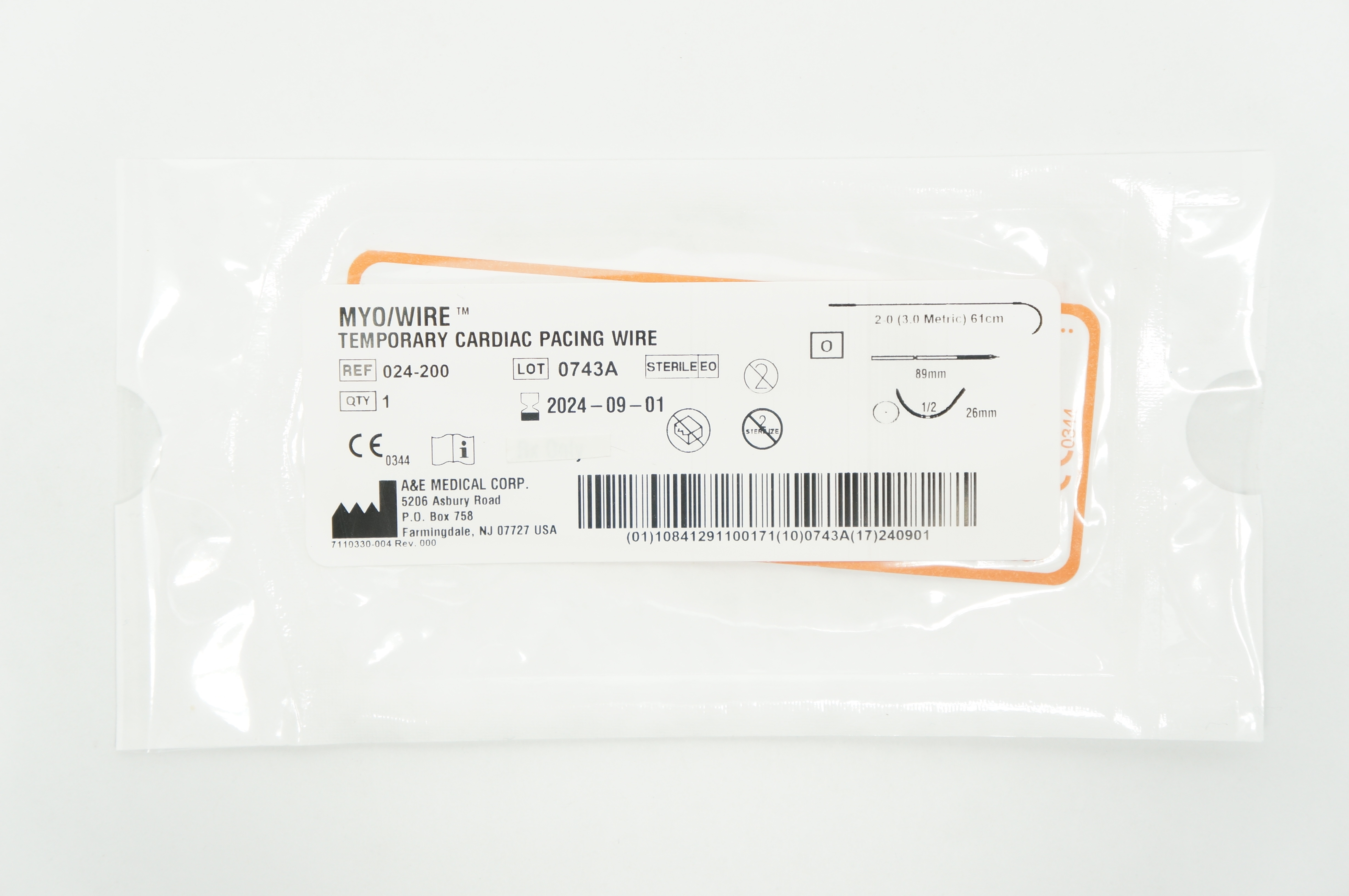 Myo/Wire 024-200 A&E Medical Corp.Temporary Cardiac Pacing Wire 2-0, 89mm