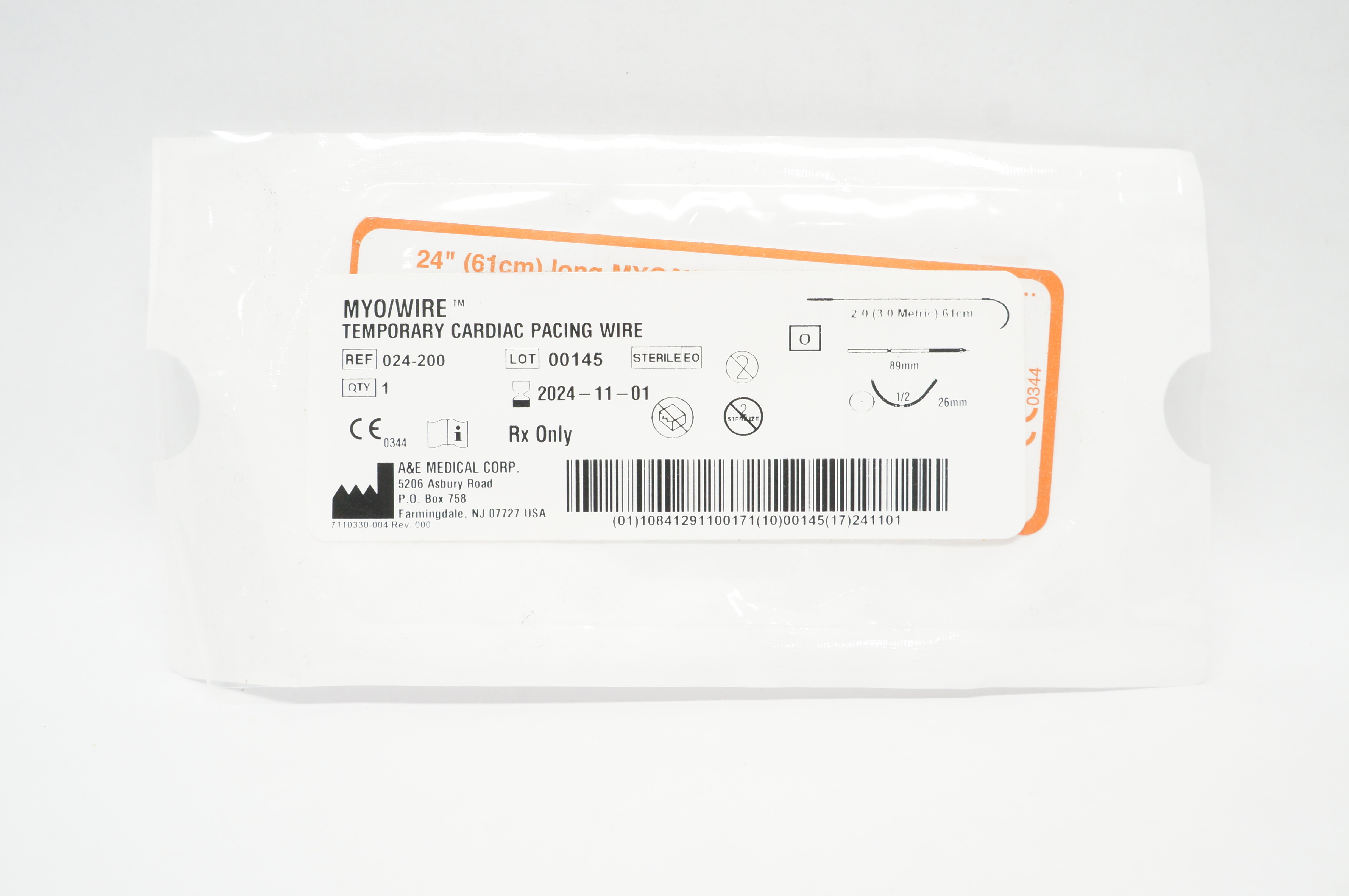 A&E 024-200 2.0 Myo/Wire Medical Temporary Cardiac Pacing Wire 1/2 26mm x 89mm